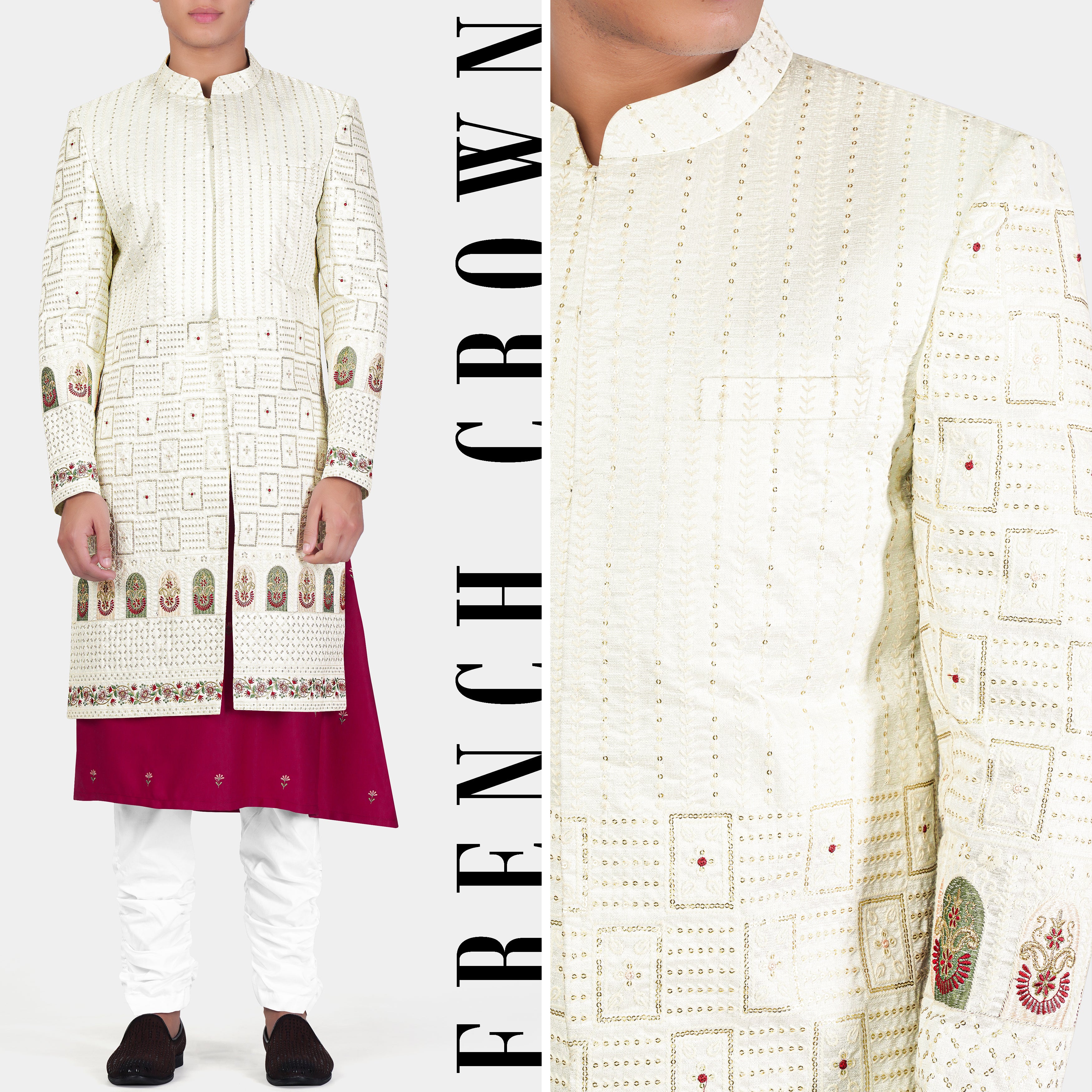 Merino Cream with Finch Green Multicolour Thread and Sequin Embroidered Indo-Western Sherwani