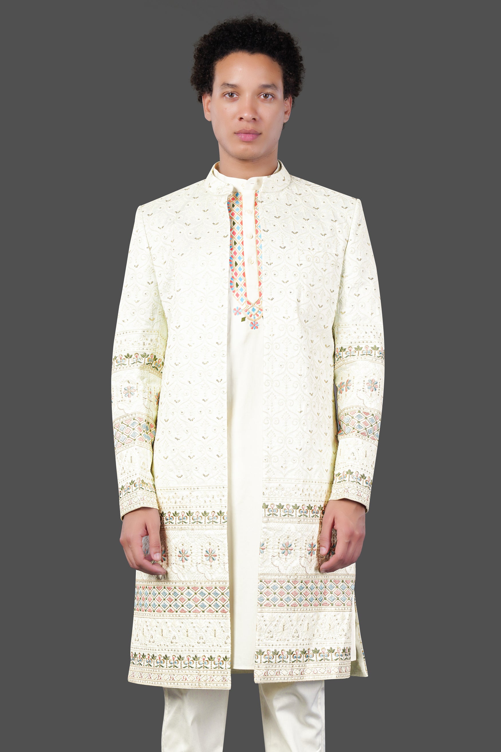 Merino Cream Multicolour Thread and Sequin Embroidered Indo-Western Sherwani