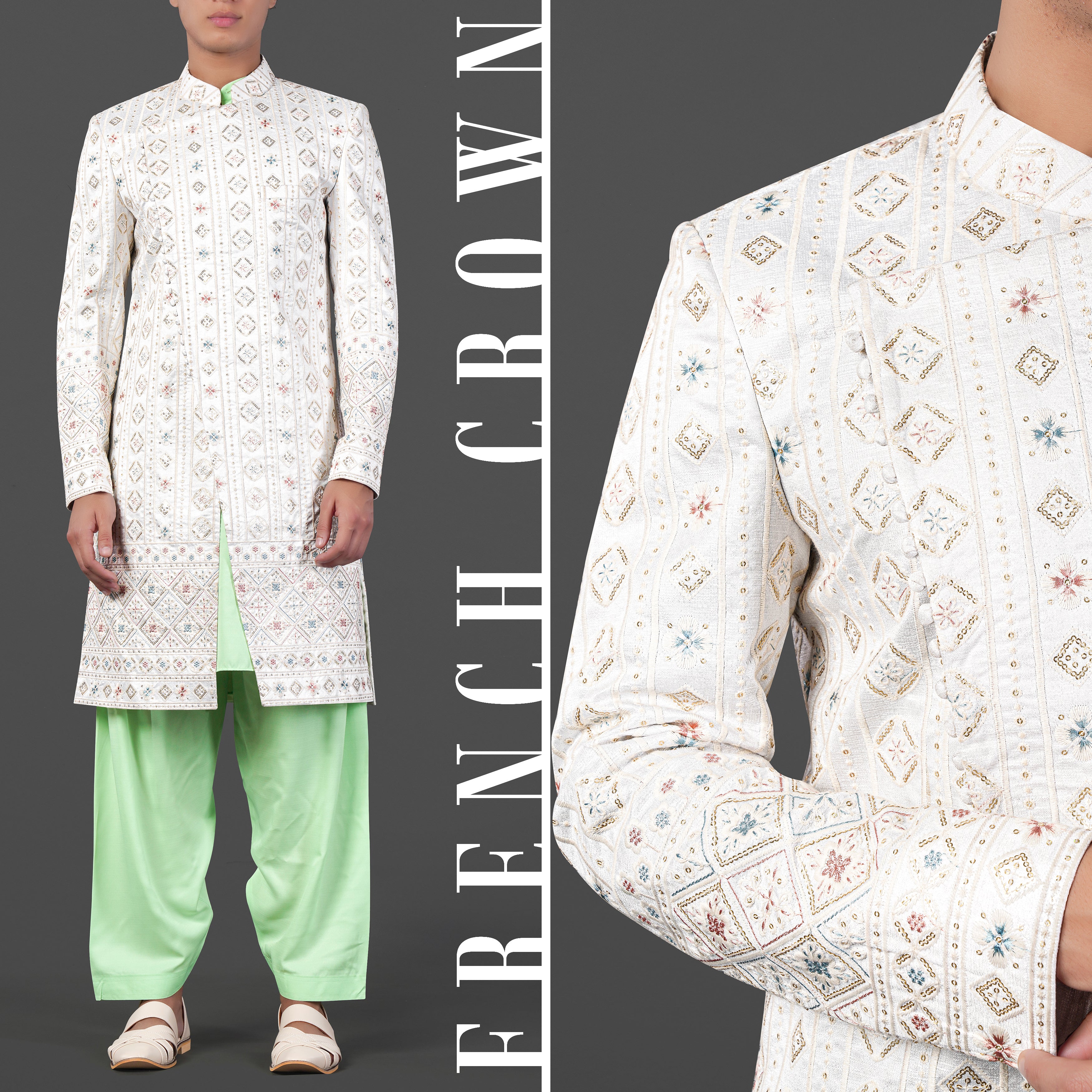 Merino Cream with Alpine Brown Multicolour Sequin Embroidered Indo-Western Sherwani