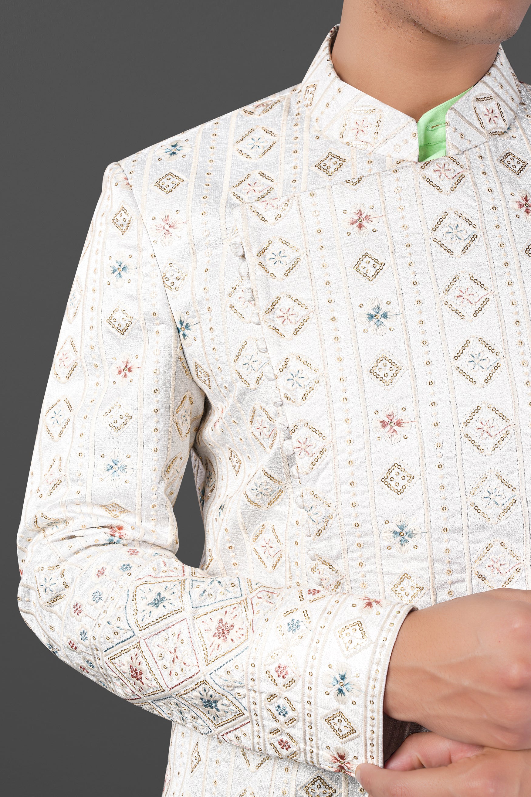 Merino Cream with Alpine Brown Multicolour Sequin Embroidered Indo-Western Sherwani