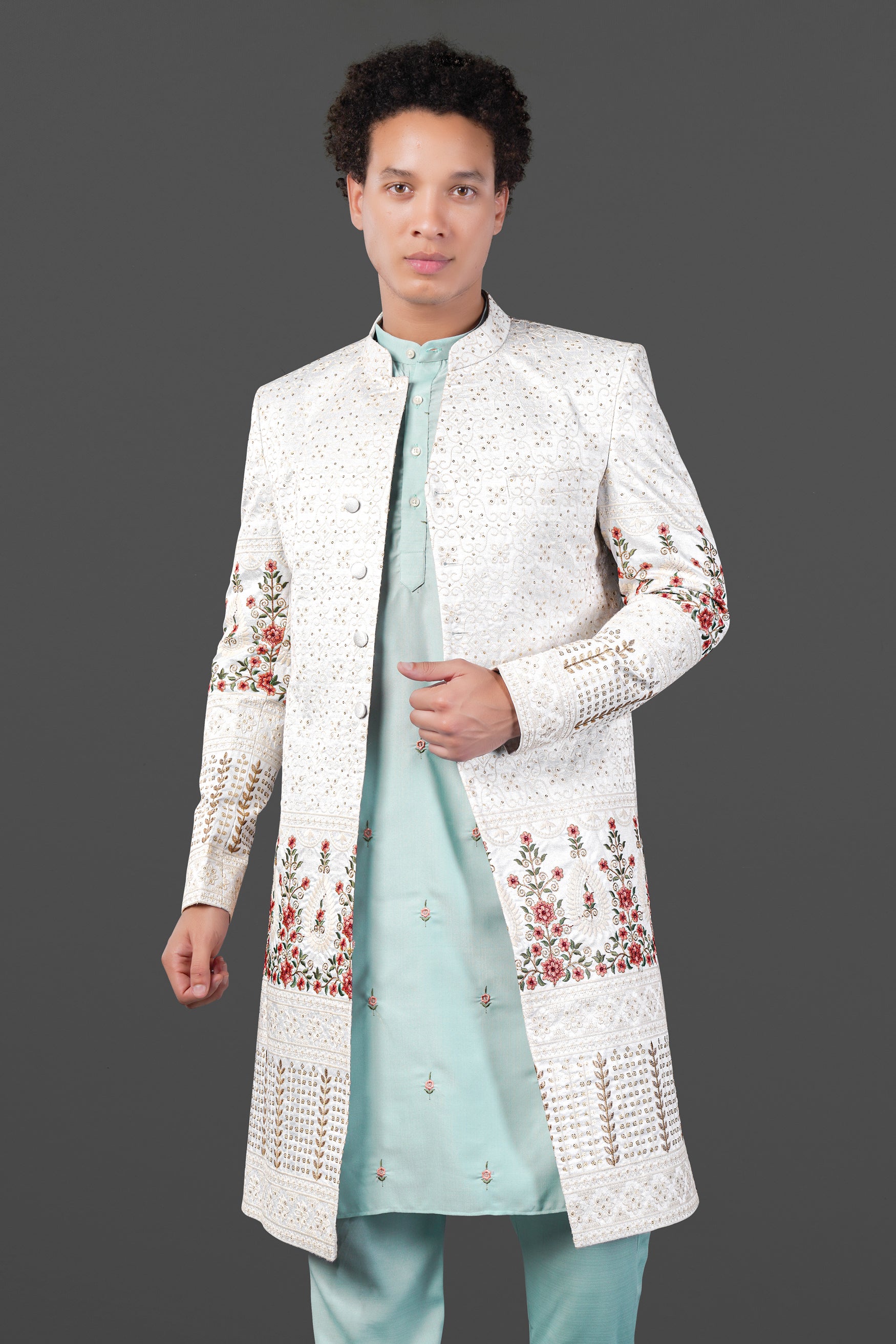 Merino Cream and Apricot Peach Multicolour Thread and Sequin Embroidered Indo-Western Sherwani