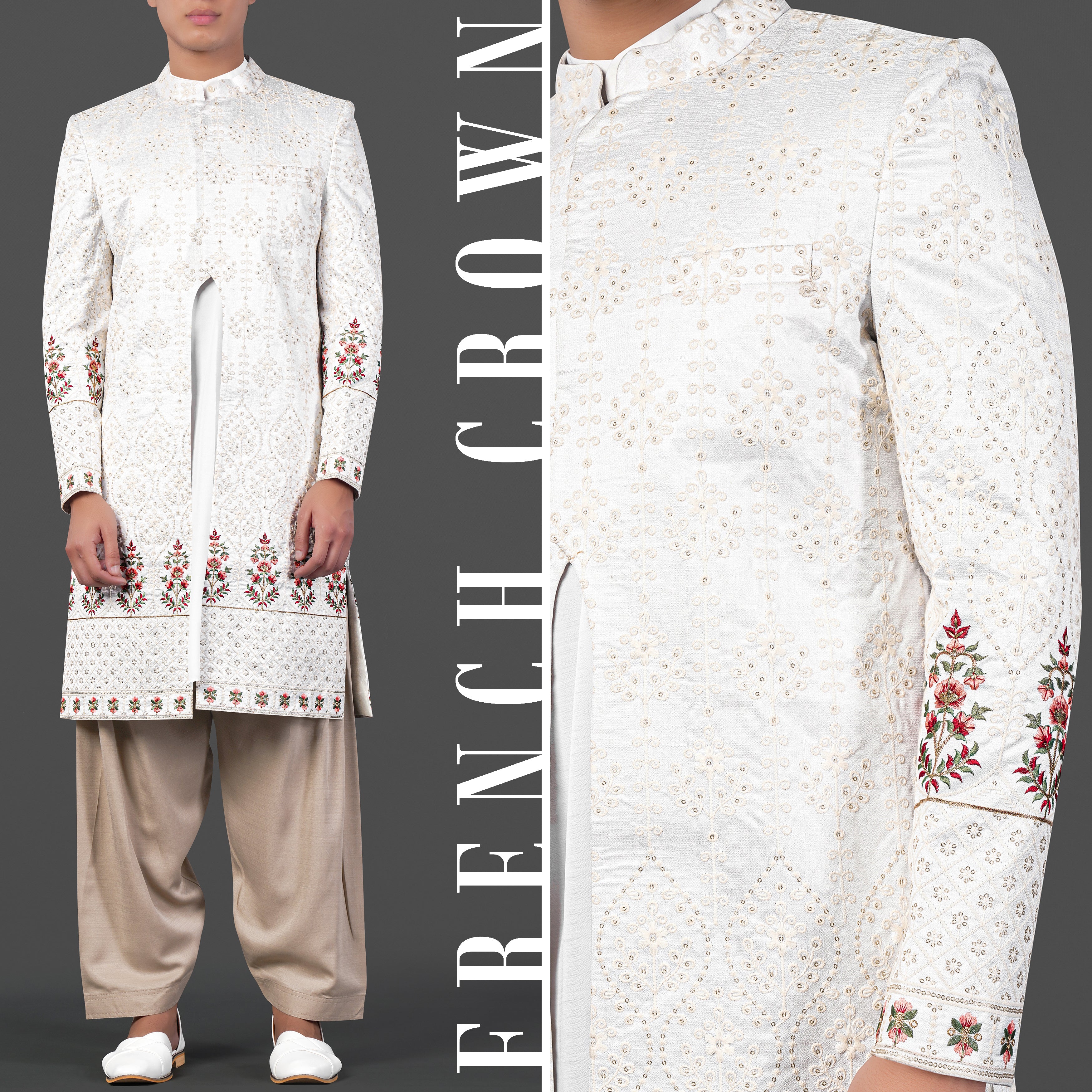 Merino Cream and Merlot Red Multicolour Thread and Sequin Embroidered Indo-Western Sherwani
