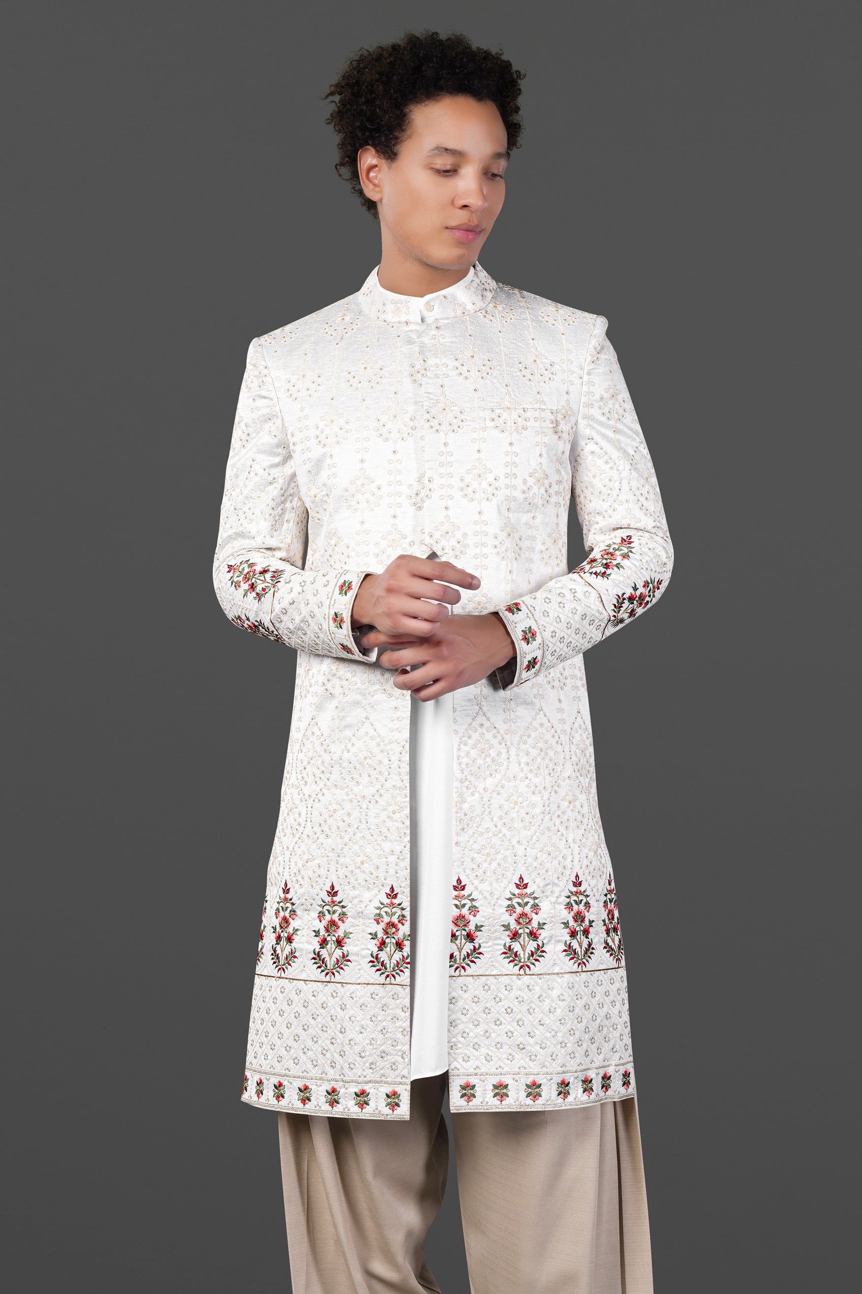 Merino Cream and Merlot Red Multicolour Thread and Sequin Embroidered Indo-Western Sherwani