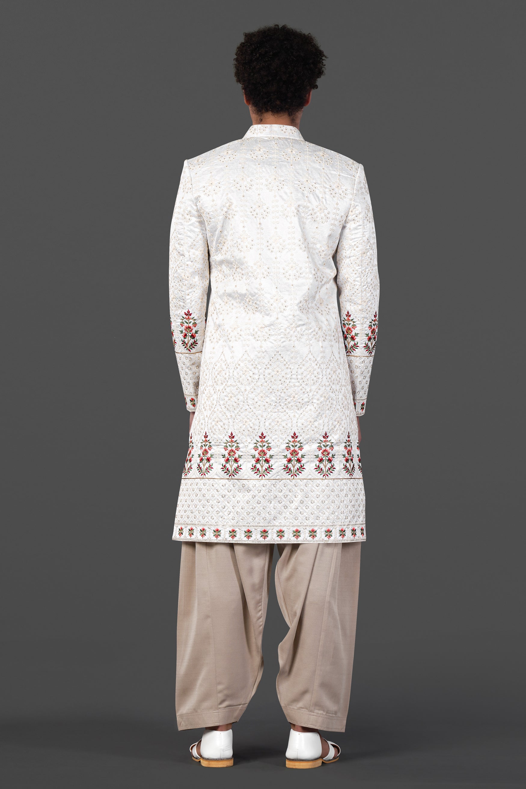 Merino Cream and Merlot Red Multicolour Thread and Sequin Embroidered Indo-Western Sherwani