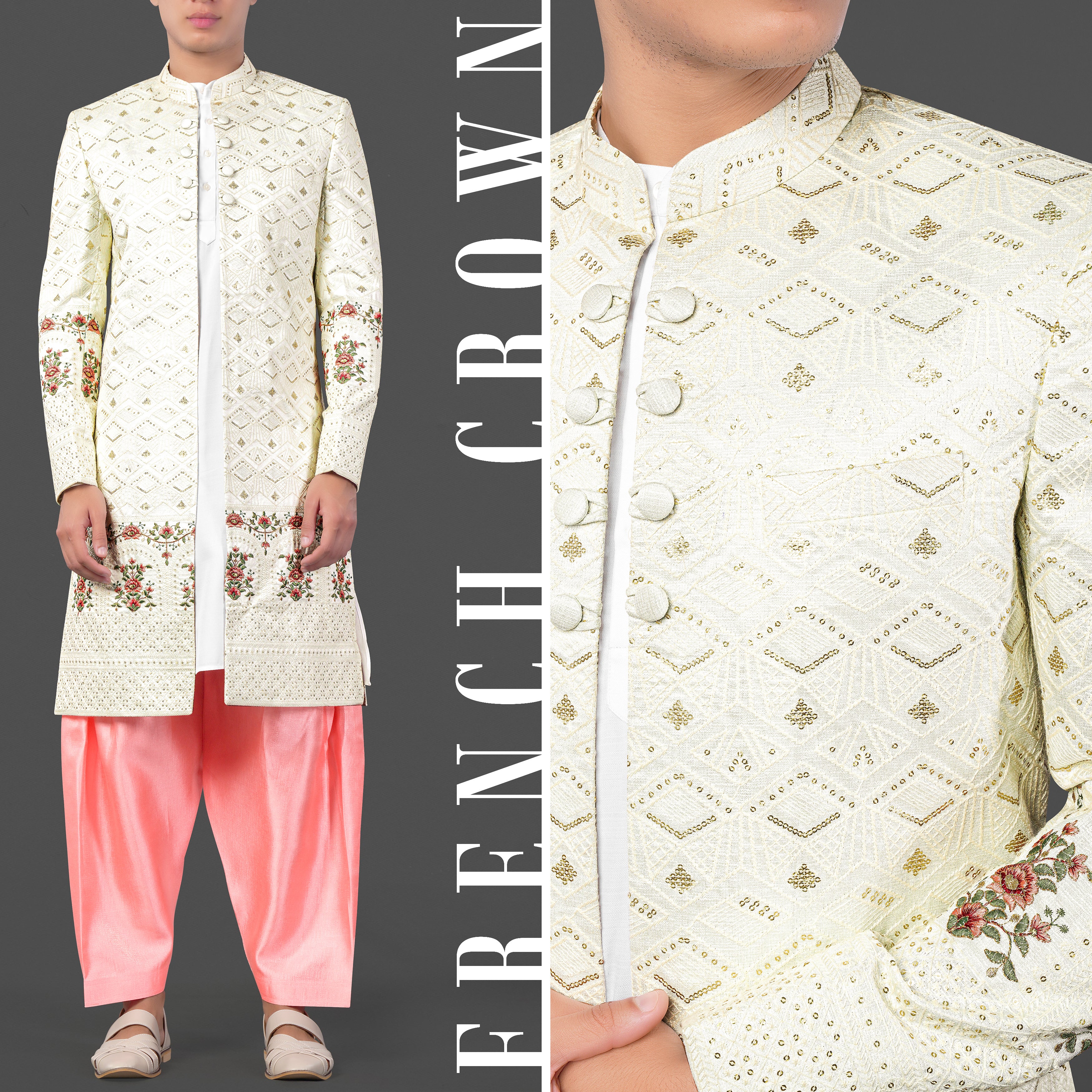 Porcelain Cream and Apricot Peach Multicolour Thread and Sequin Embroidered Indo-Western Sherwani