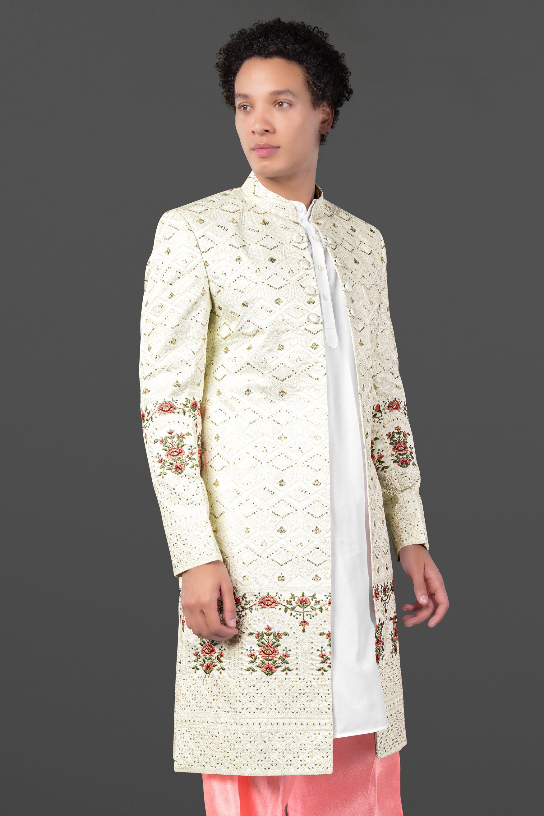 Porcelain Cream and Apricot Peach Multicolour Thread and Sequin Embroidered Indo-Western Sherwani