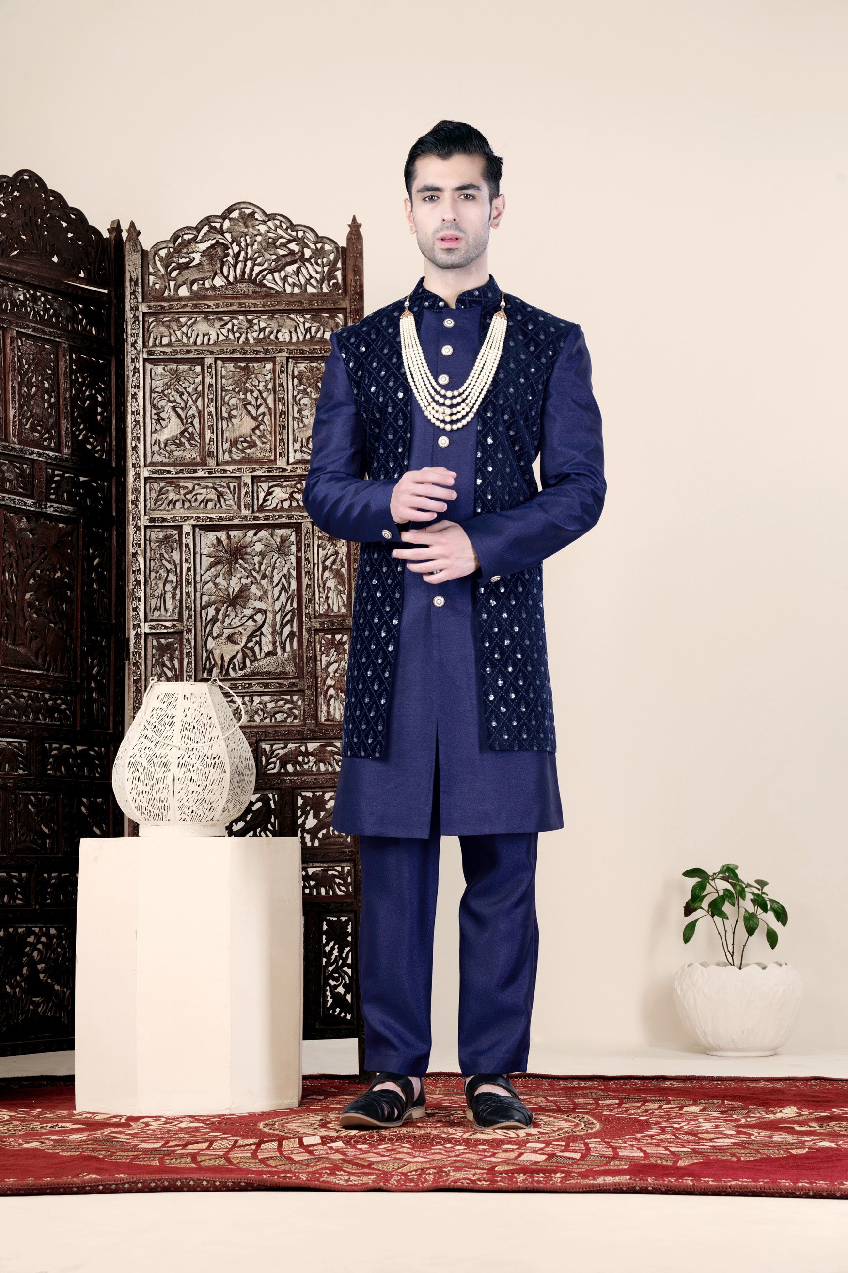 Haiti and Rhino Blue Geometric Thread and Sequin Embroidered Indo-Western