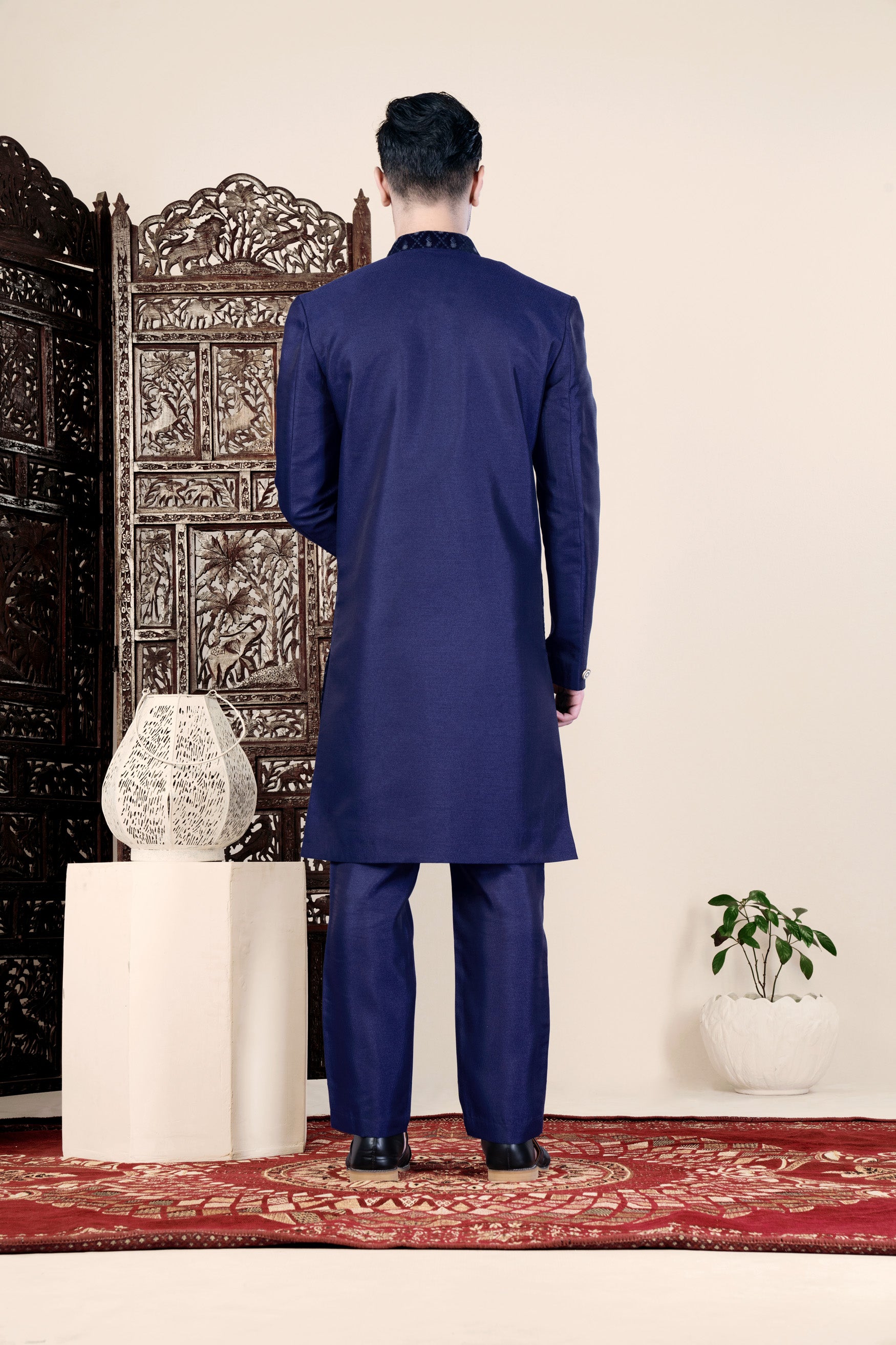 Haiti and Rhino Blue Geometric Thread and Sequin Embroidered Indo-Western