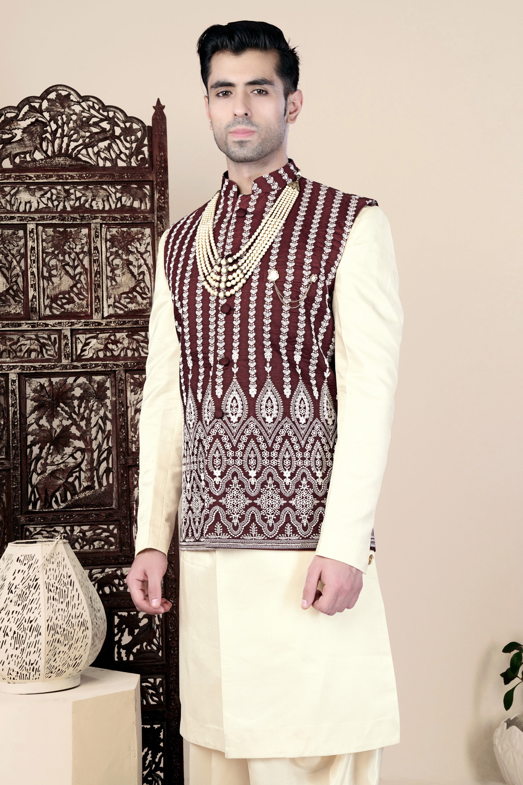 Irish Maroon and Cream Thread Embroidered Indo-Western with Koti