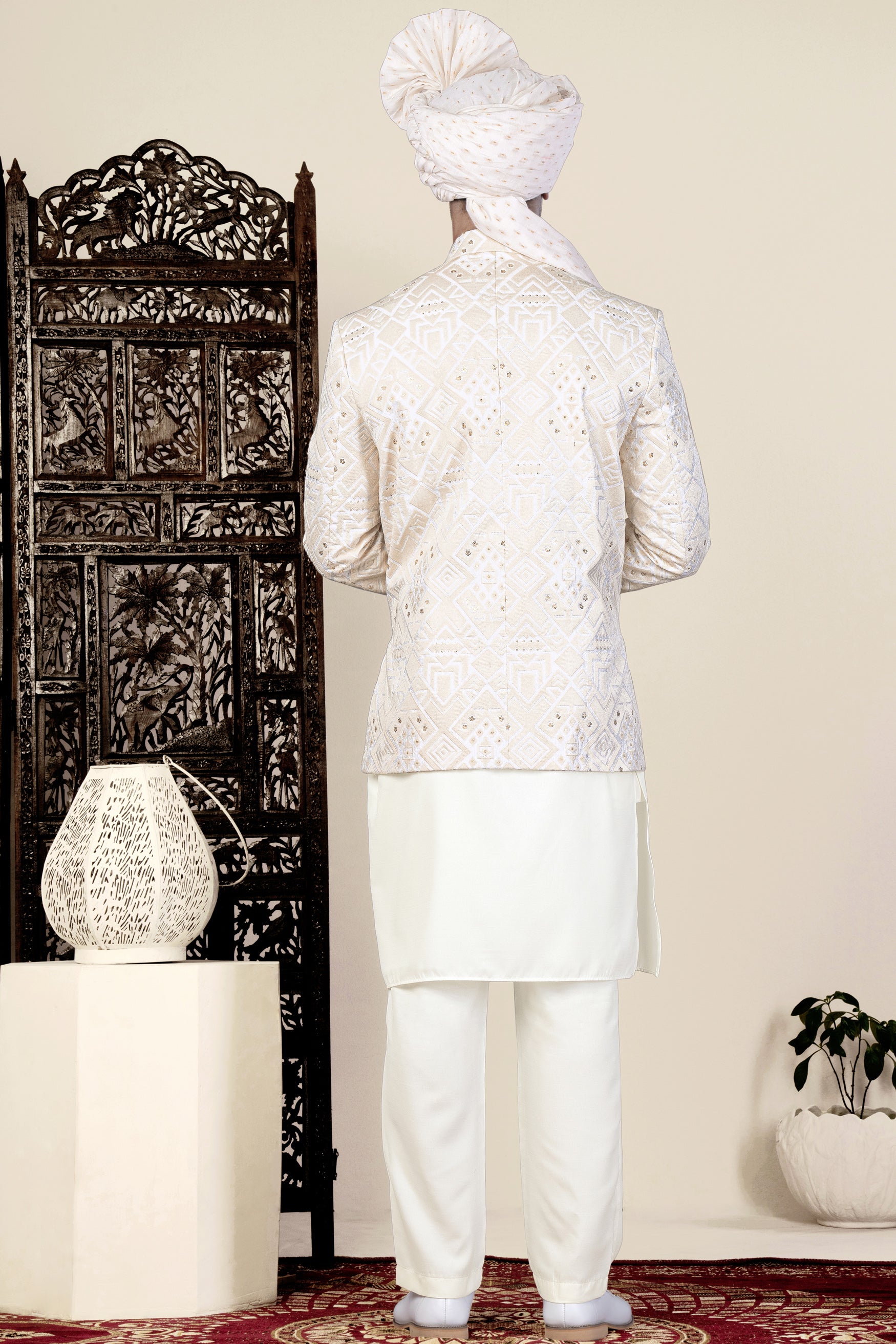Sand Cream Geometric Thread and Sequin Embroidered Jodhpuri