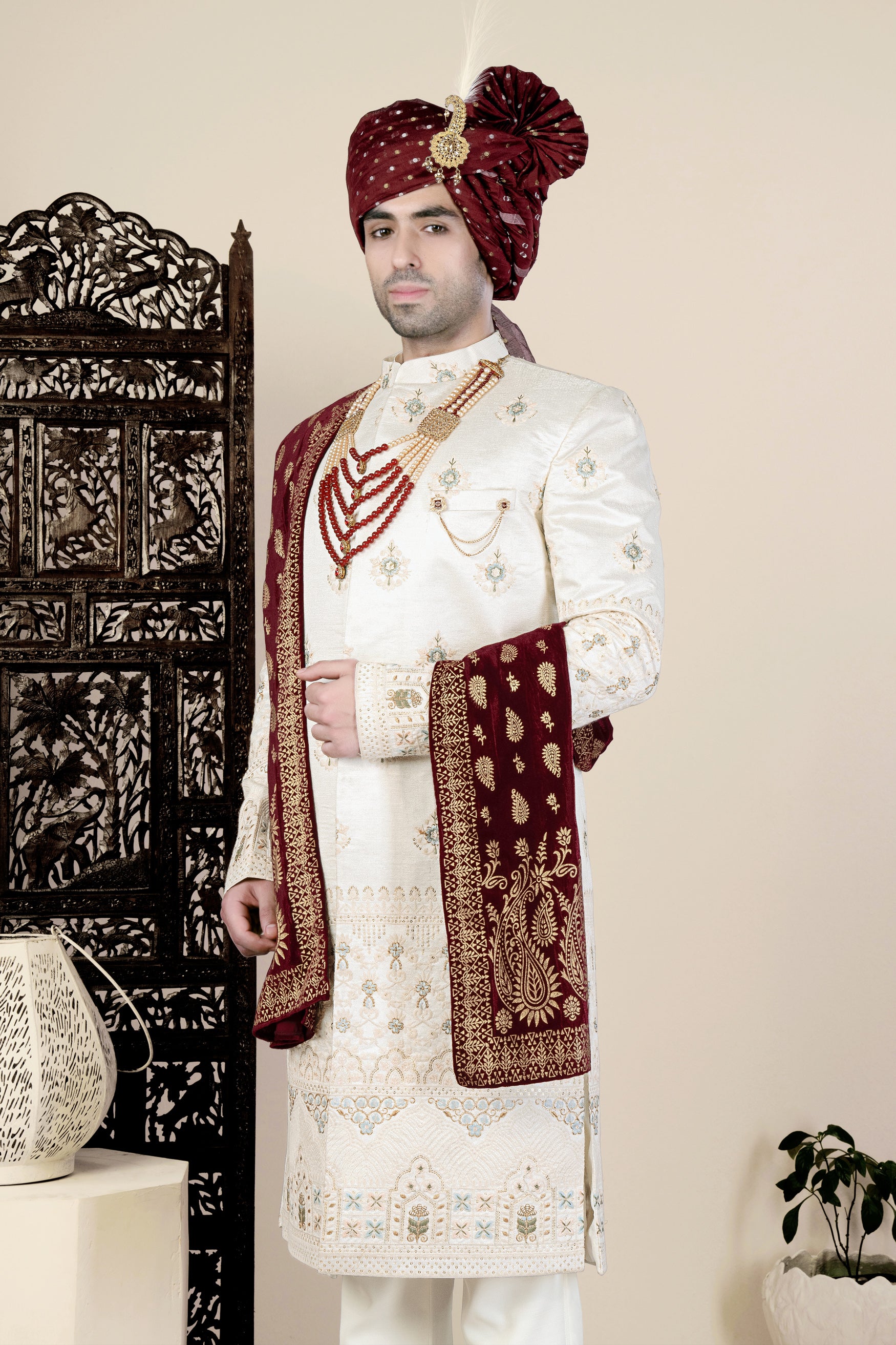 Eggshell Cream and Casper Blue Floral Thread and Sequin Embroidered Indo-Western Sherwani