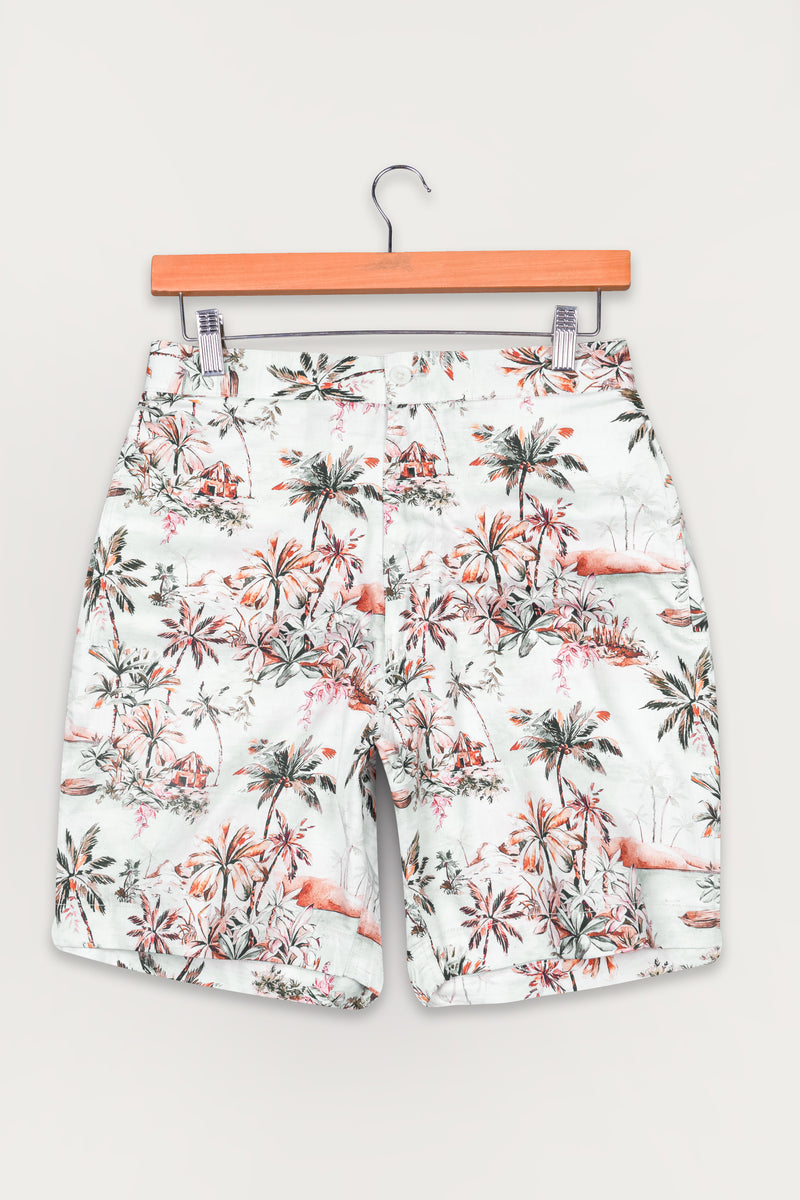 Bright White and Feldgrau Green Trees Printed Super Soft Premium Cotton Shorts