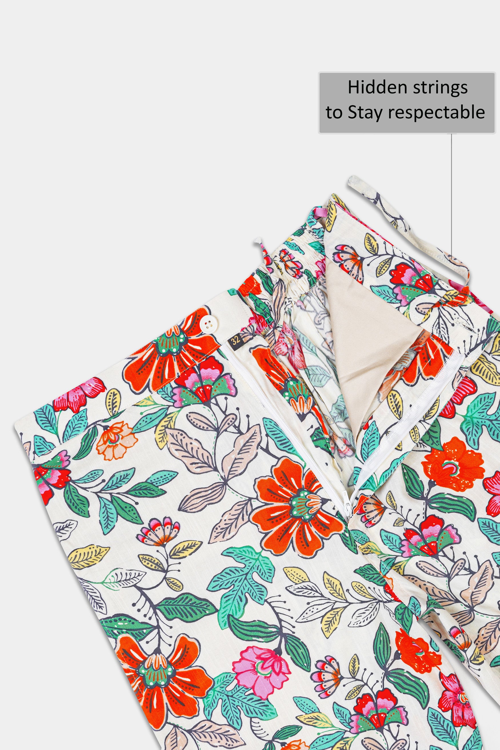Bright White with Fern Green Multicolor Floral Printed Premium Tencel Shorts SR342-28,  SR342-30,  SR342-32,  SR342-34,  SR342-36,  SR342-38,  SR342-40,  SR342-42,  SR342-44