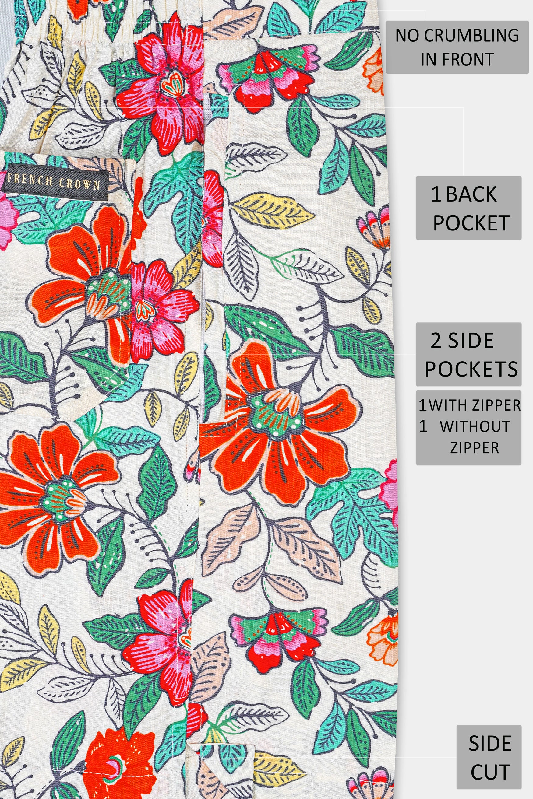 Bright White with Fern Green Multicolor Floral Printed Premium Tencel Shorts SR342-28,  SR342-30,  SR342-32,  SR342-34,  SR342-36,  SR342-38,  SR342-40,  SR342-42,  SR342-44