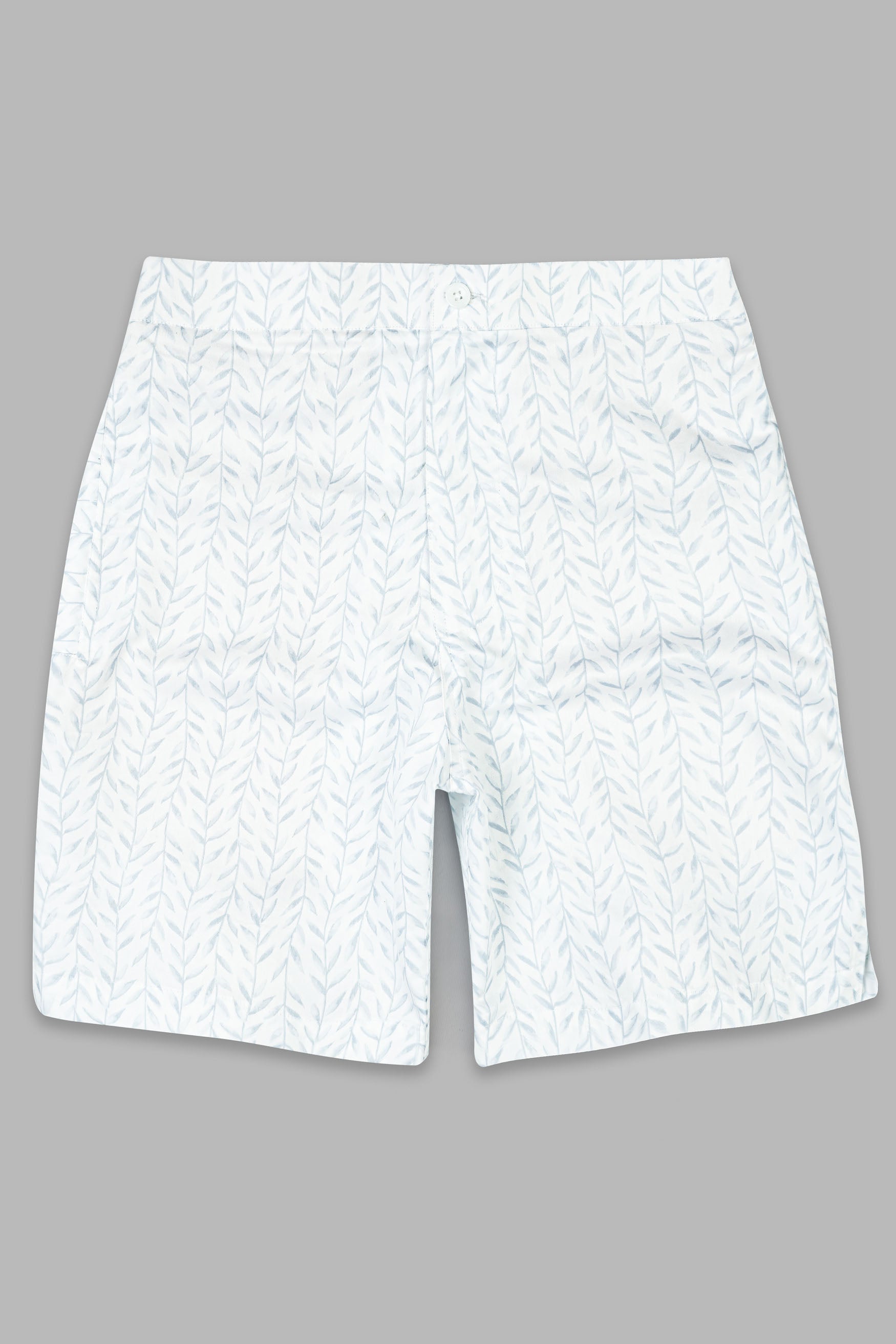 Bright White with Geyser Blue Leaves Printed Subtle Sheen Super Soft Premium Cotton Shorts SR343-28,  SR343-30,  SR343-32,  SR343-34,  SR343-36,  SR343-38,  SR343-40,  SR343-42,  SR343-44
