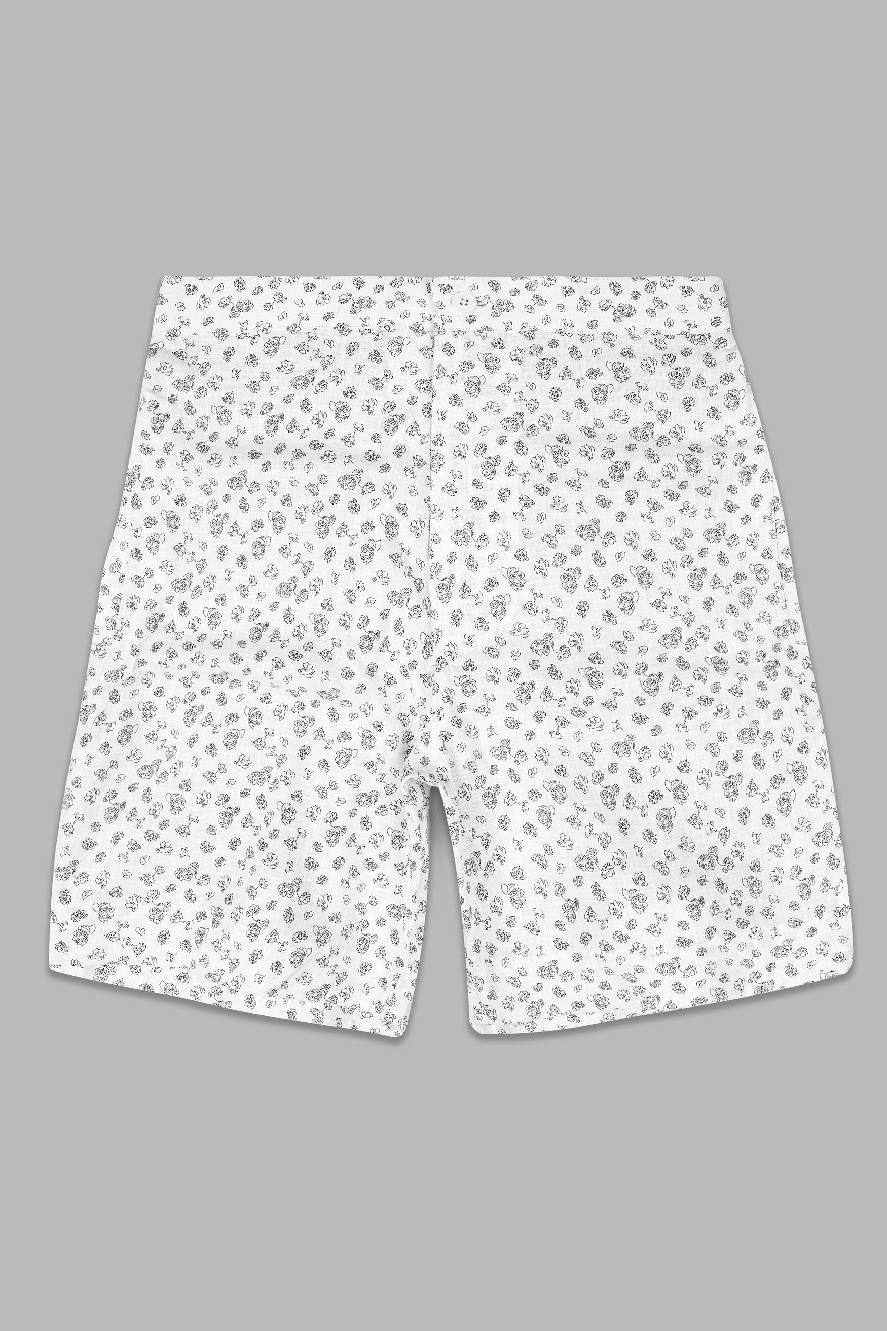 Bright White with Jade Black Flowers Printed Premium Linen Shorts SR347-28,  SR347-30,  SR347-32,  SR347-34,  SR347-36,  SR347-38,  SR347-40,  SR347-42,  SR347-44