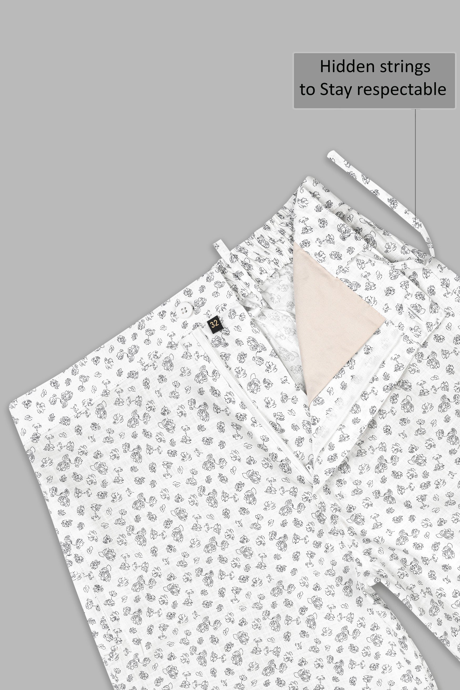 Bright White with Jade Black Flowers Printed Premium Linen Shorts SR347-28,  SR347-30,  SR347-32,  SR347-34,  SR347-36,  SR347-38,  SR347-40,  SR347-42,  SR347-44