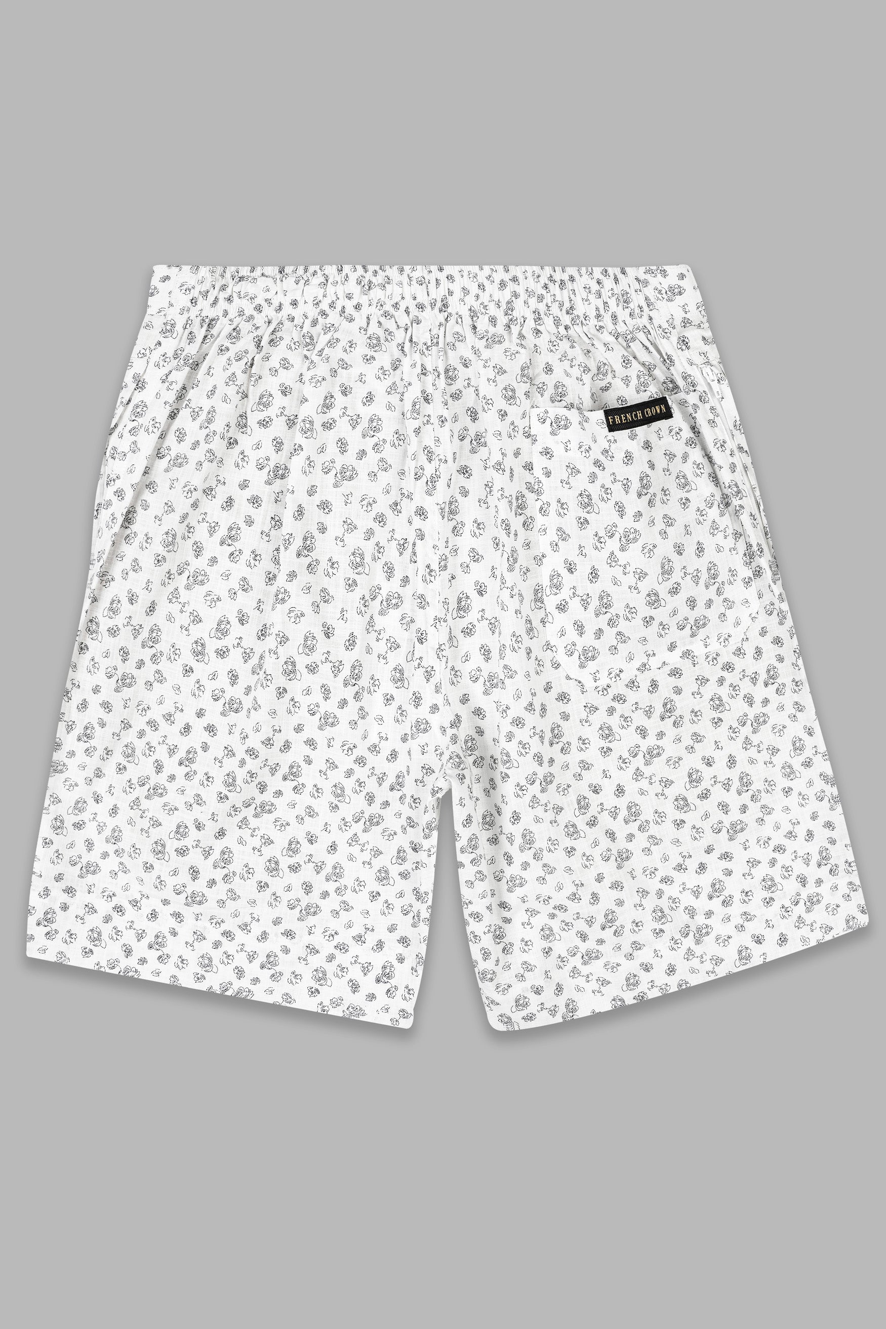Bright White with Jade Black Flowers Printed Premium Linen Shorts SR347-28,  SR347-30,  SR347-32,  SR347-34,  SR347-36,  SR347-38,  SR347-40,  SR347-42,  SR347-44