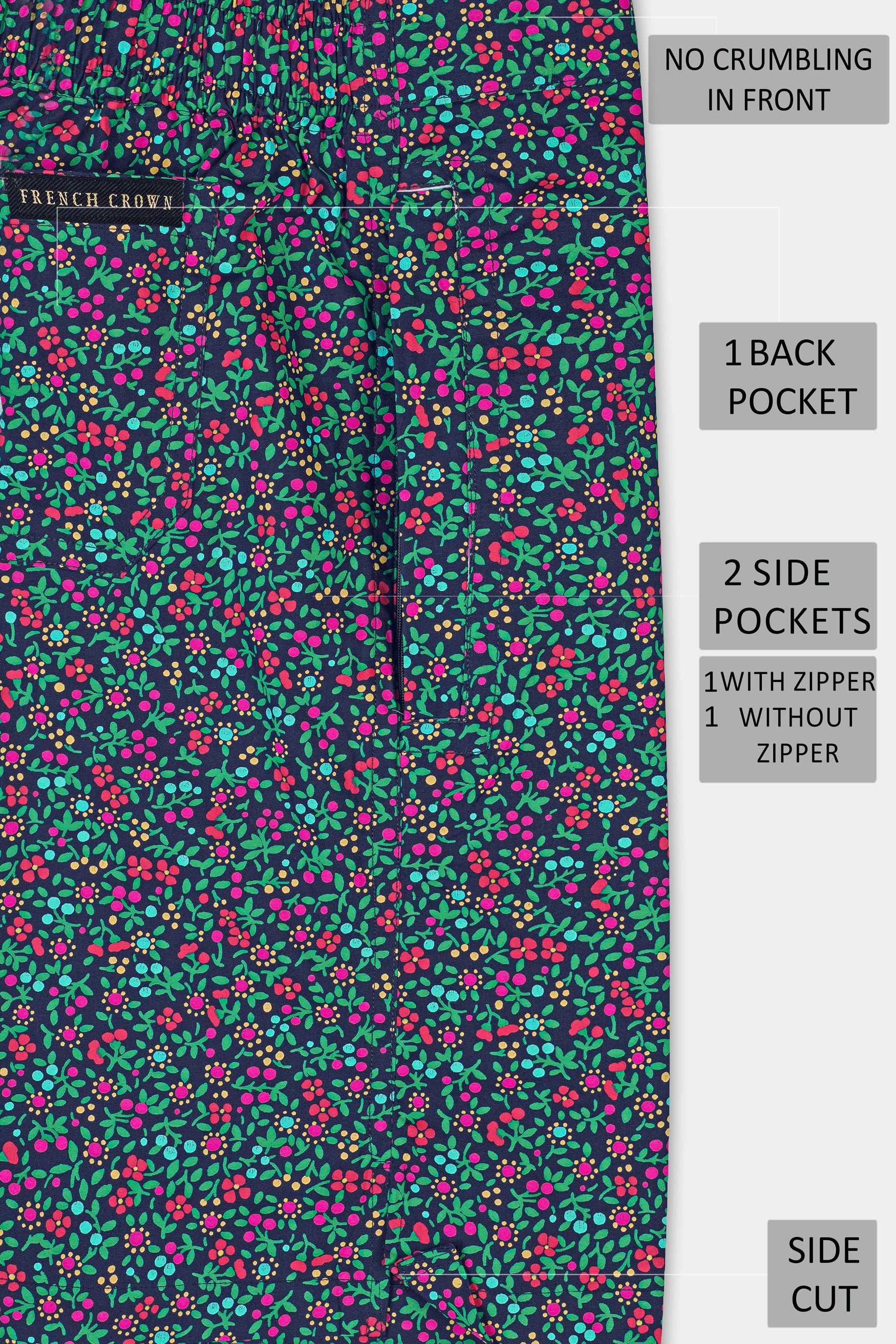 Ebony clay Blue with Cerise Pink Multicolor Floral Printed Premium Cotton Shorts SR358-28, SR358-30, SR358-32, SR358-34, SR358-36, SR358-38, SR358-40, SR358-42, SR358-44