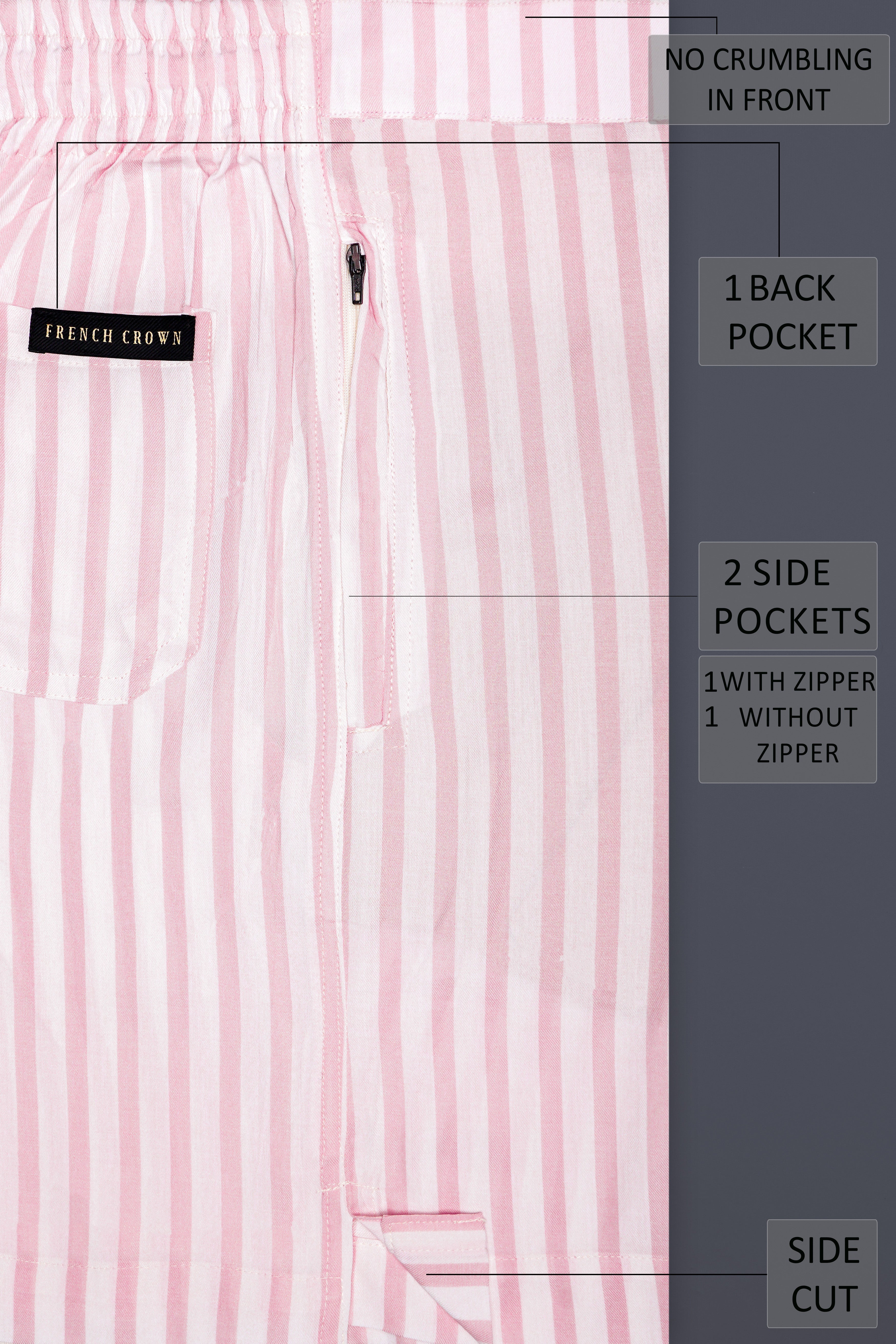 Petaline-Flare Pink And Bright White Striped Twill Super Soft Premium Cotton Shorts