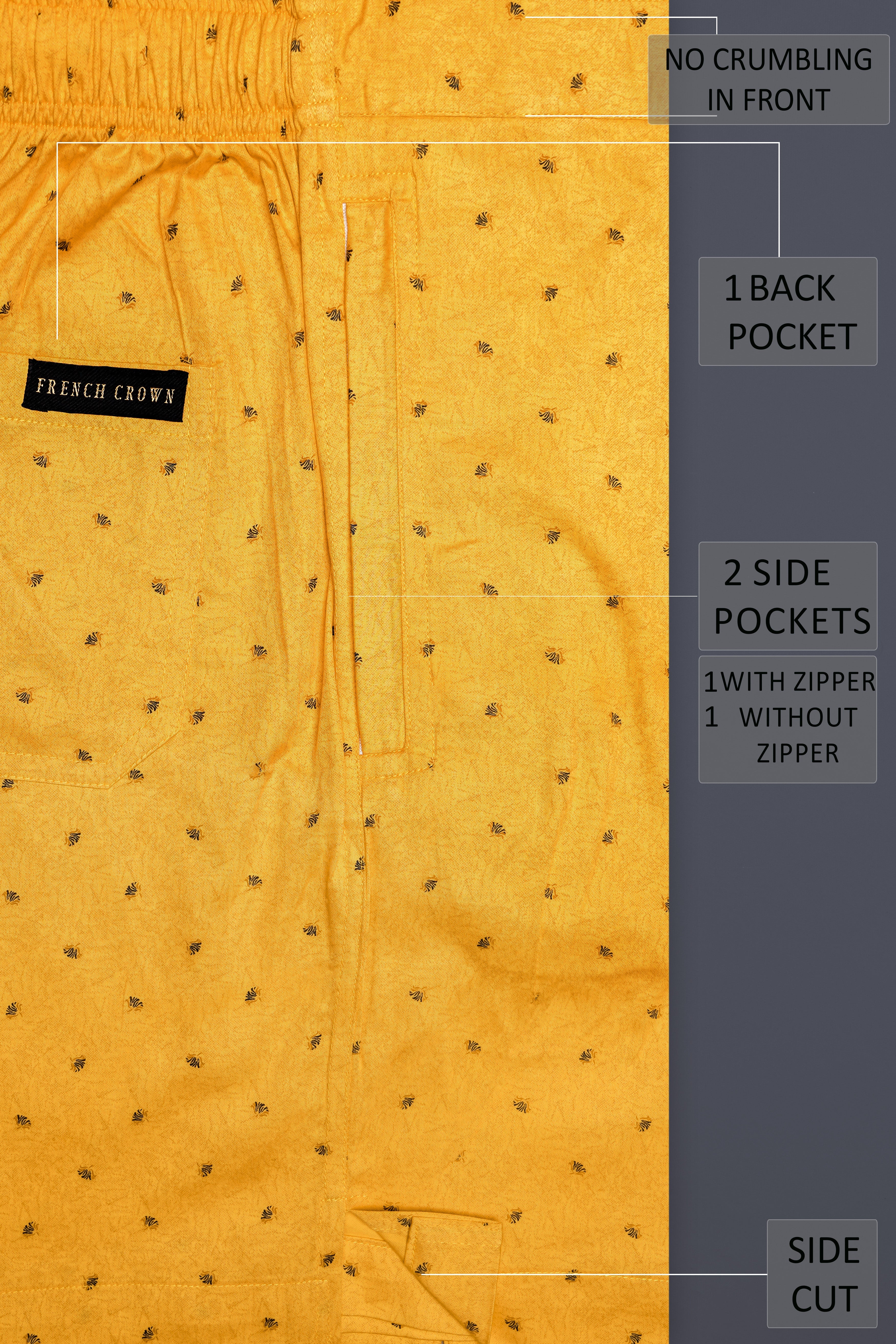 Fiero-Saffron Yellow Printed Subtle Sheen Super Soft Premium Cotton Shorts