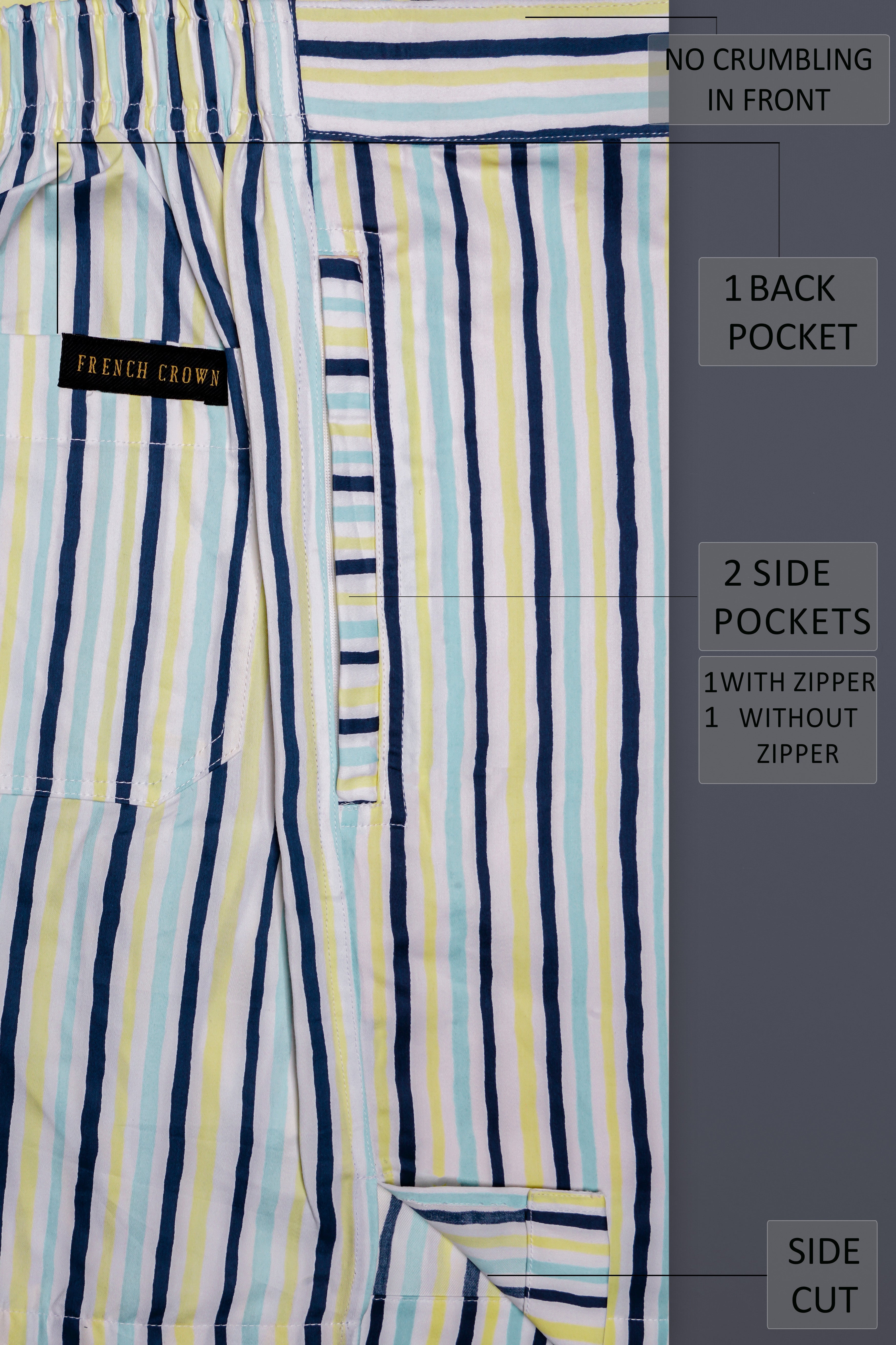 Flicker-Nepal Blue And Laser Yellow Multicolour Striped Super Soft Premium Cotton Shorts