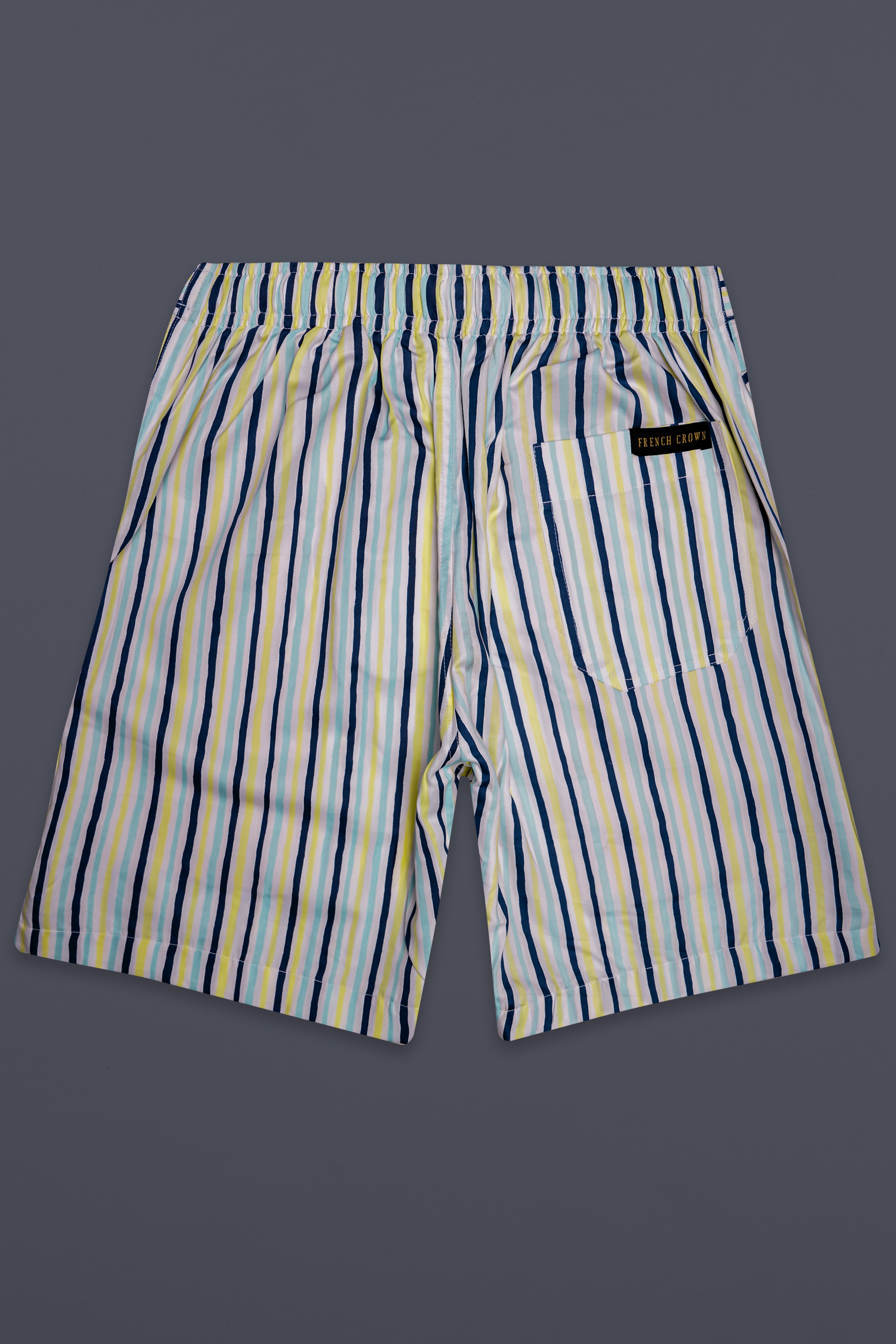 Flicker-Nepal Blue And Laser Yellow Multicolour Striped Super Soft Premium Cotton Shorts