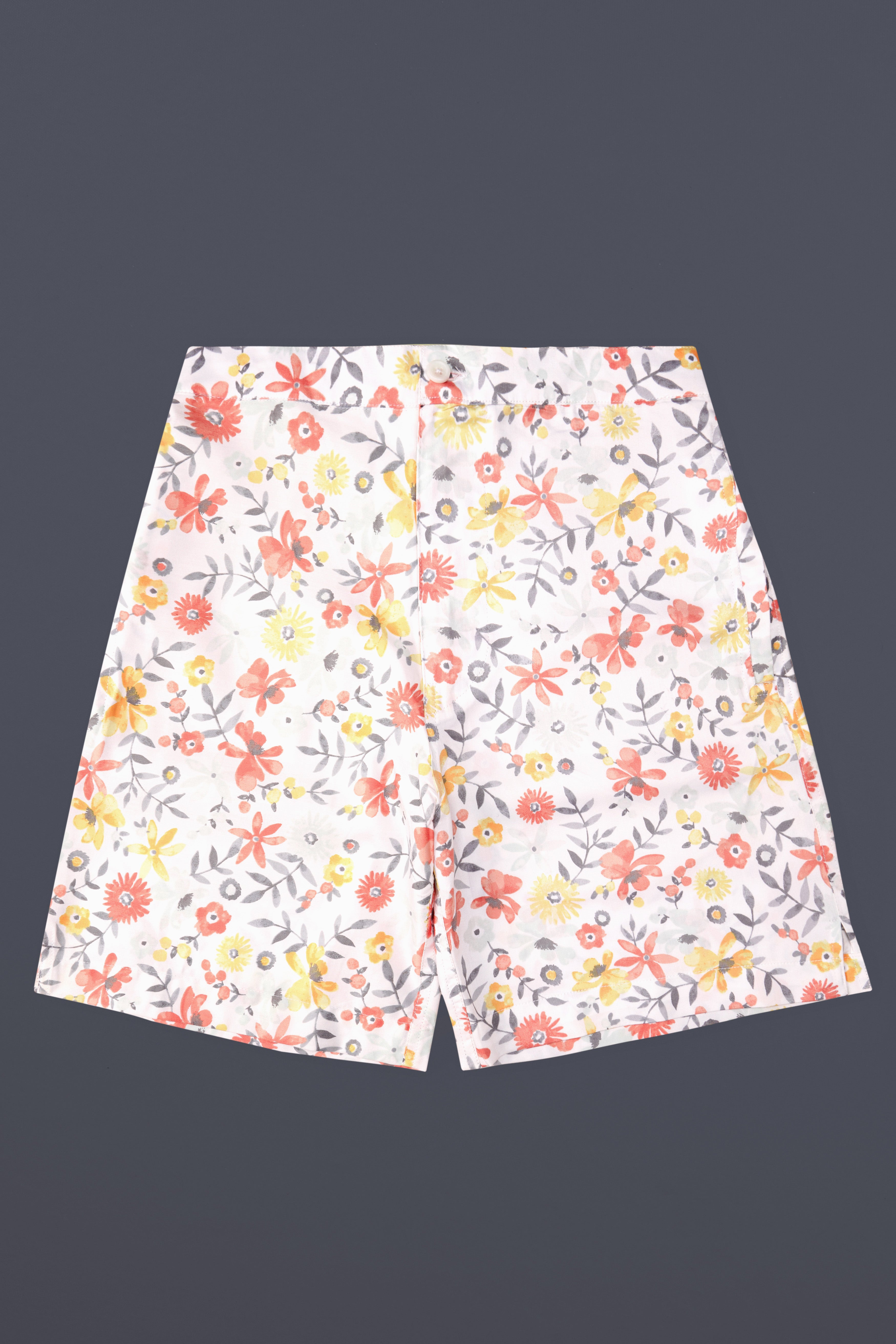 Peachy Peach And Bright White Foral Printed Super Soft Premium Cotton Shorts