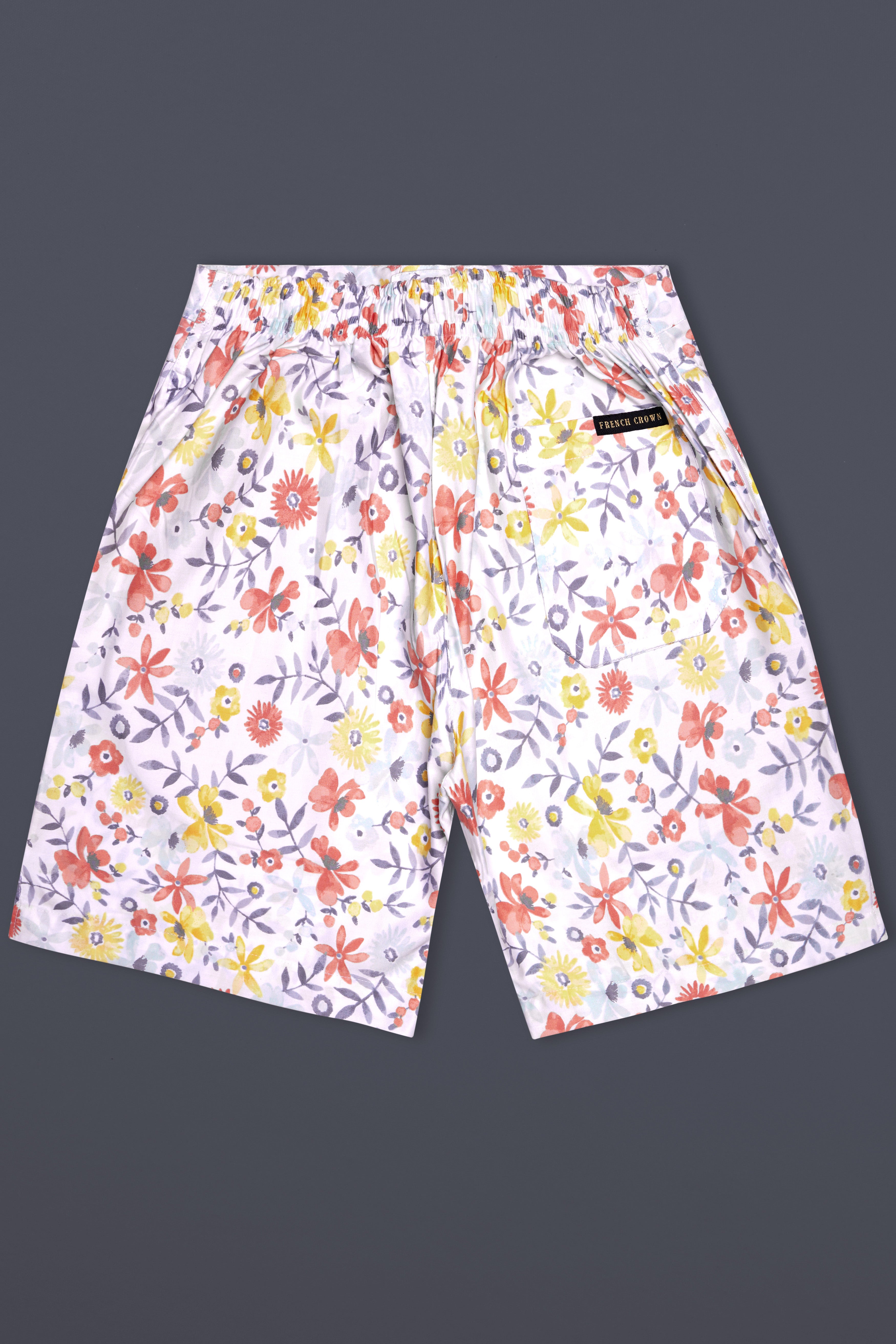 Peachy Peach And Bright White Foral Printed Super Soft Premium Cotton Shorts