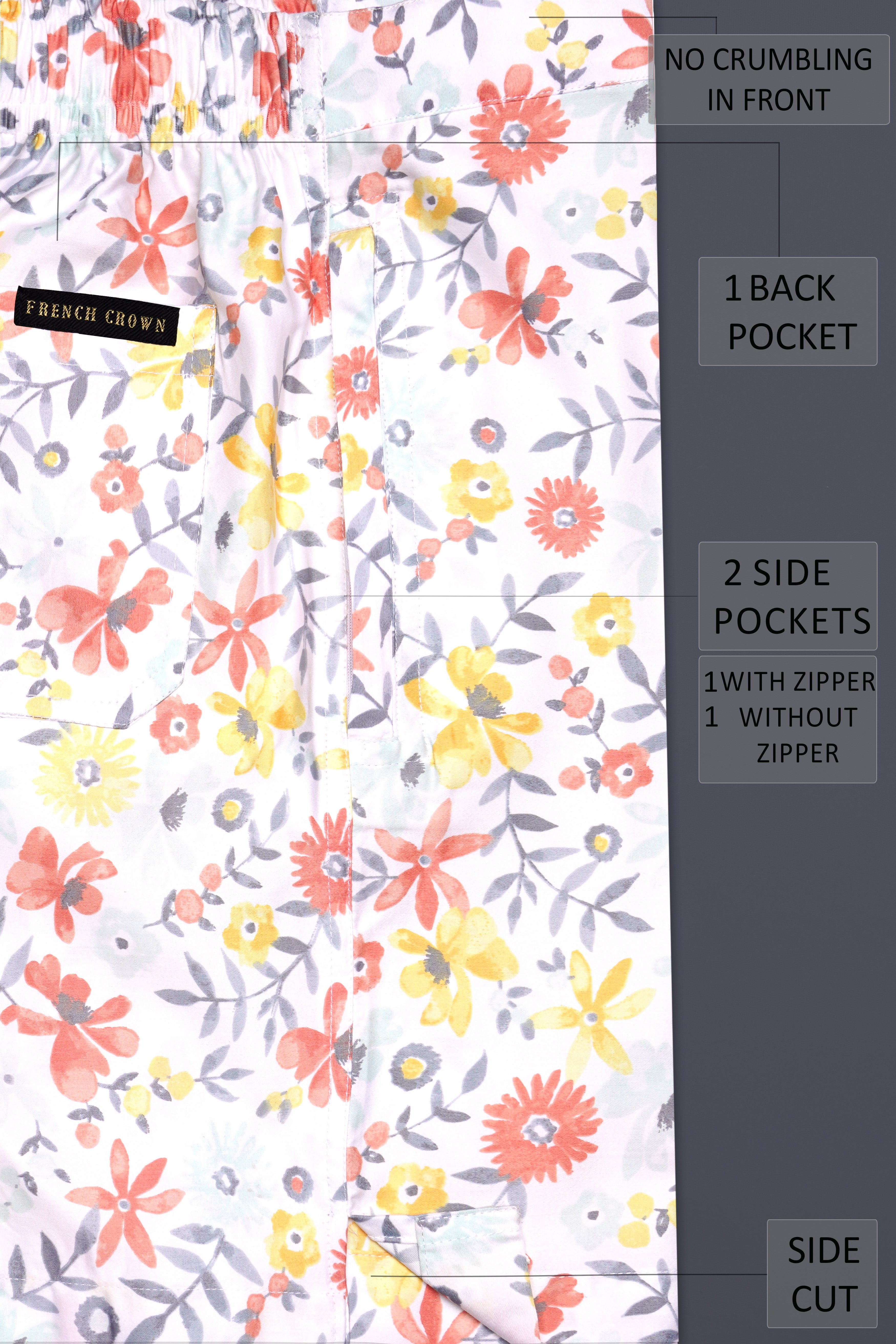 Peachy Peach And Bright White Foral Printed Super Soft Premium Cotton Shorts