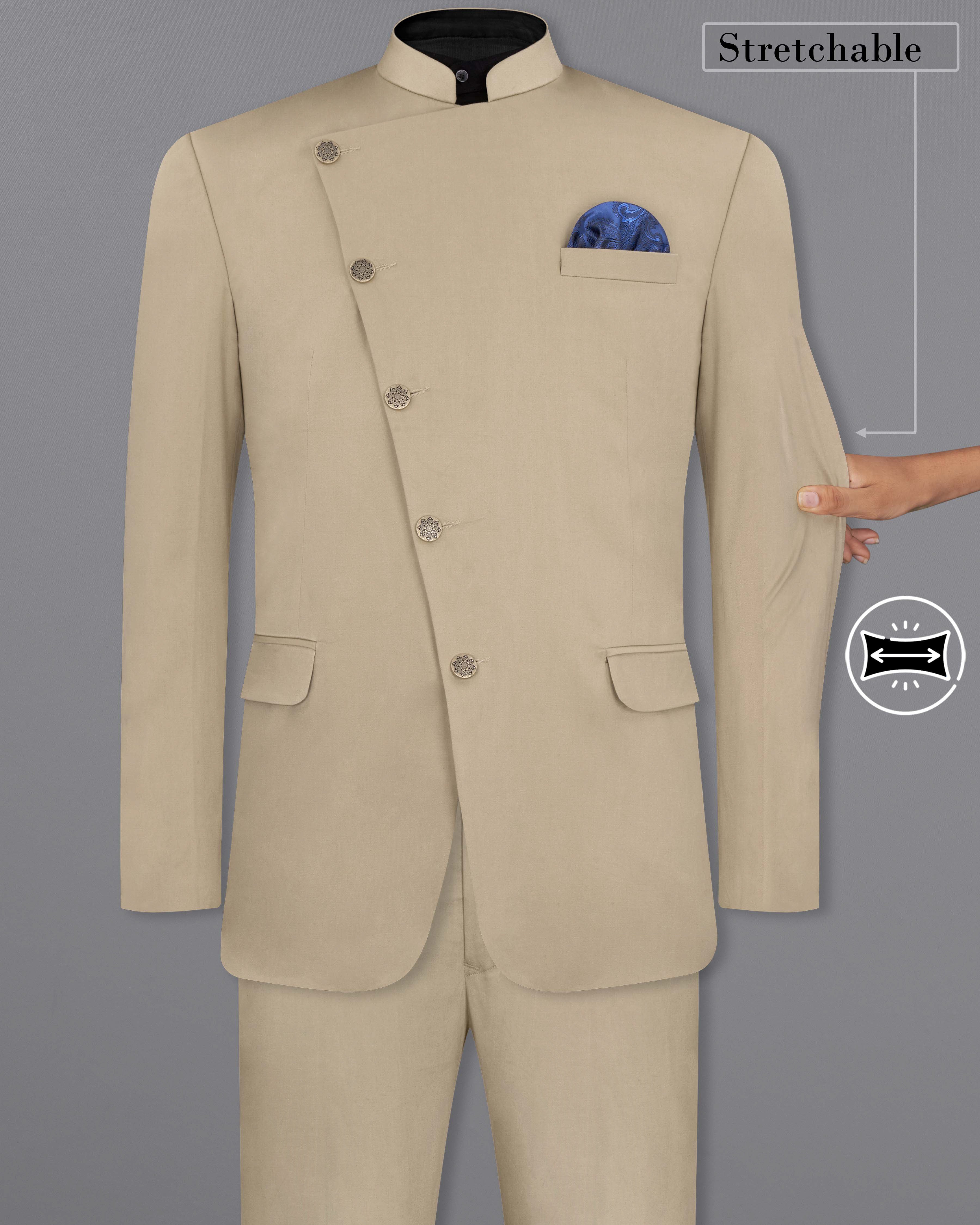 Quicksand Brown Stretchable Cross Placket Bandhgala Premium Cotton Traveler Suit ST2655-CBG-36, ST2655-CBG-38, ST2655-CBG-40, ST2655-CBG-42, ST2655-CBG-44, ST2655-CBG-46, ST2655-CBG-48, ST2655-CBG-50, ST2655-CBG-52, ST2655-CBG-54, ST2655-CBG-56, ST2655-CBG-58, ST2655-CBG-60