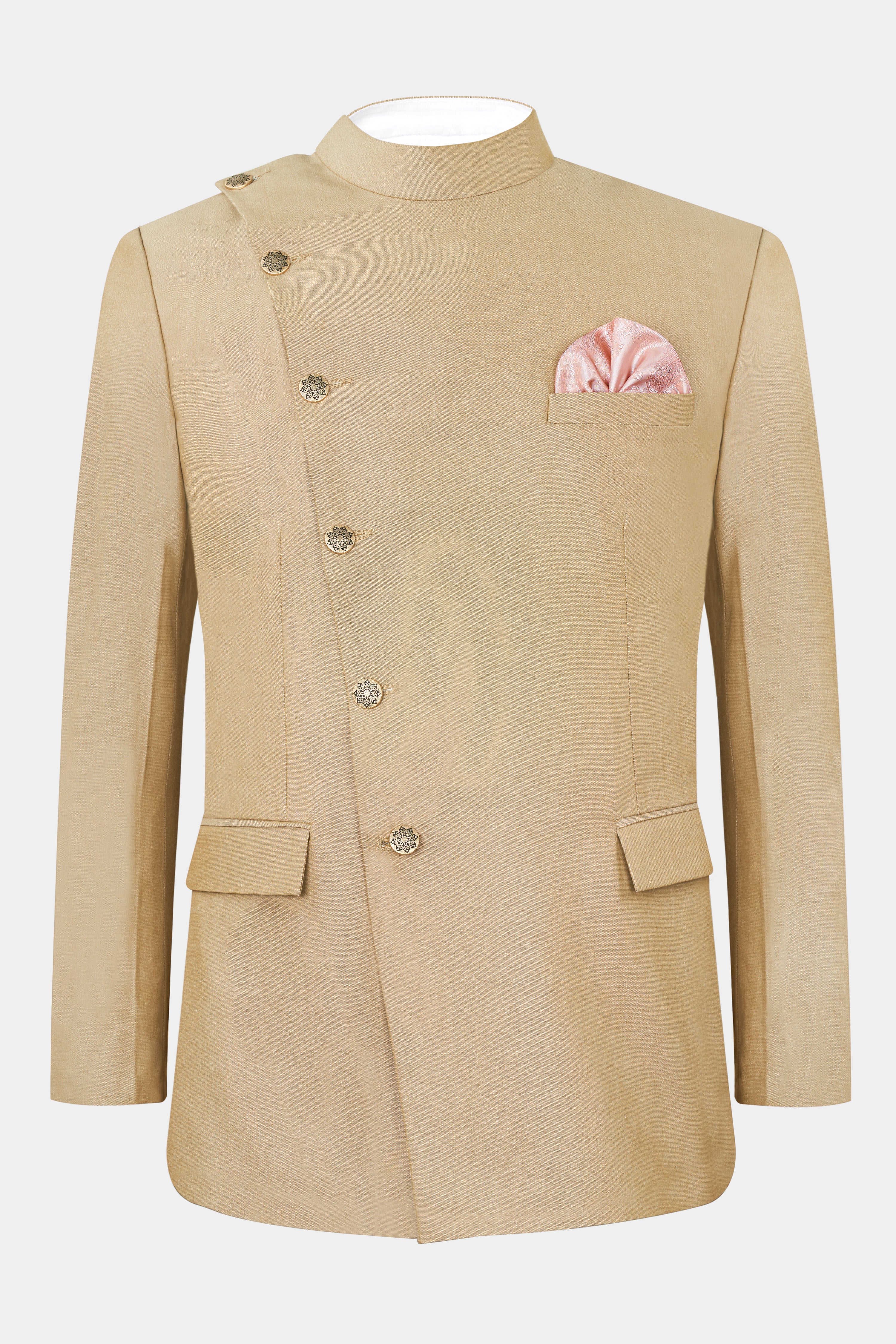 Heathered Light Brown Cross Placket Bandhgala Suit