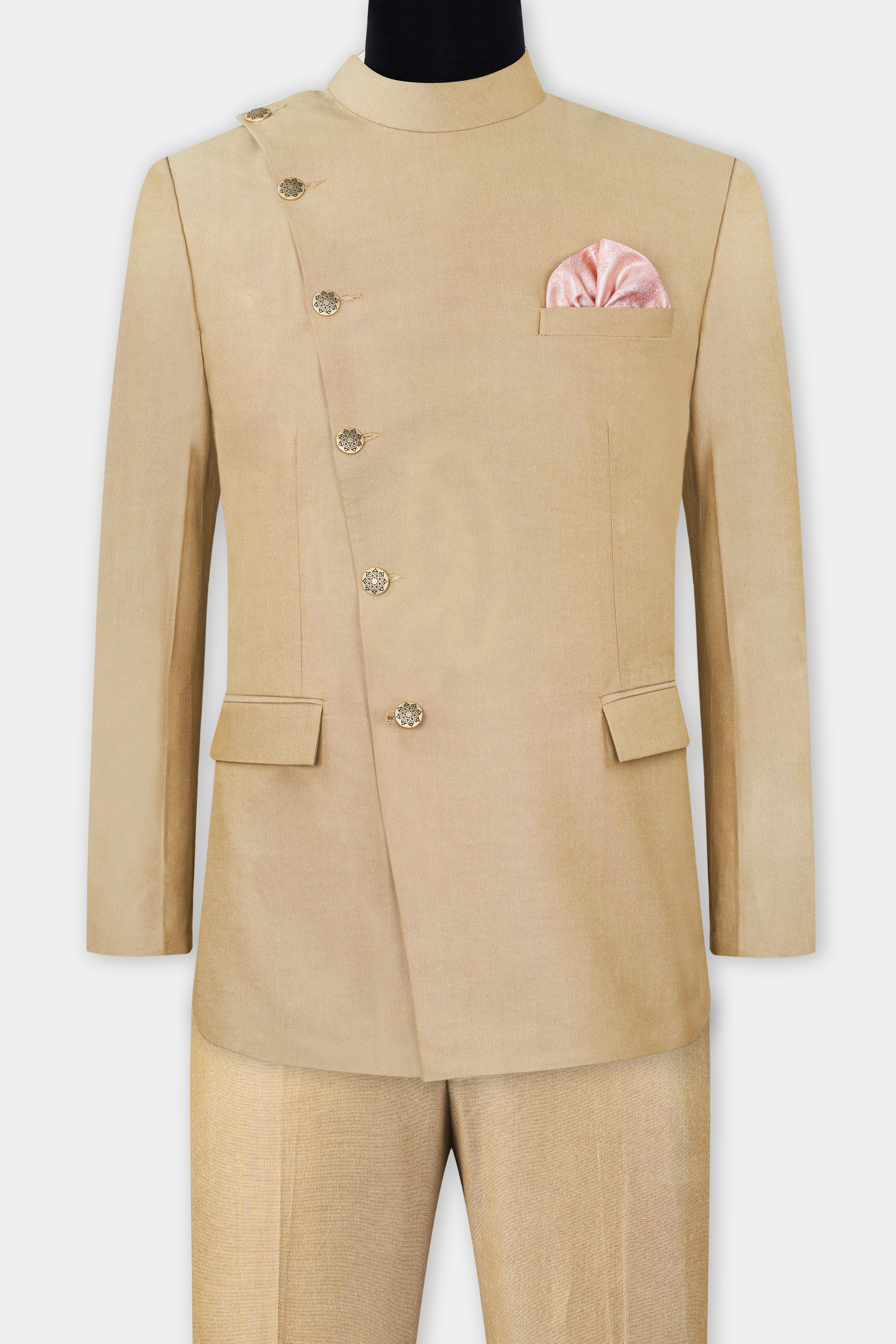 Heathered Light Brown Cross Placket Bandhgala Suit