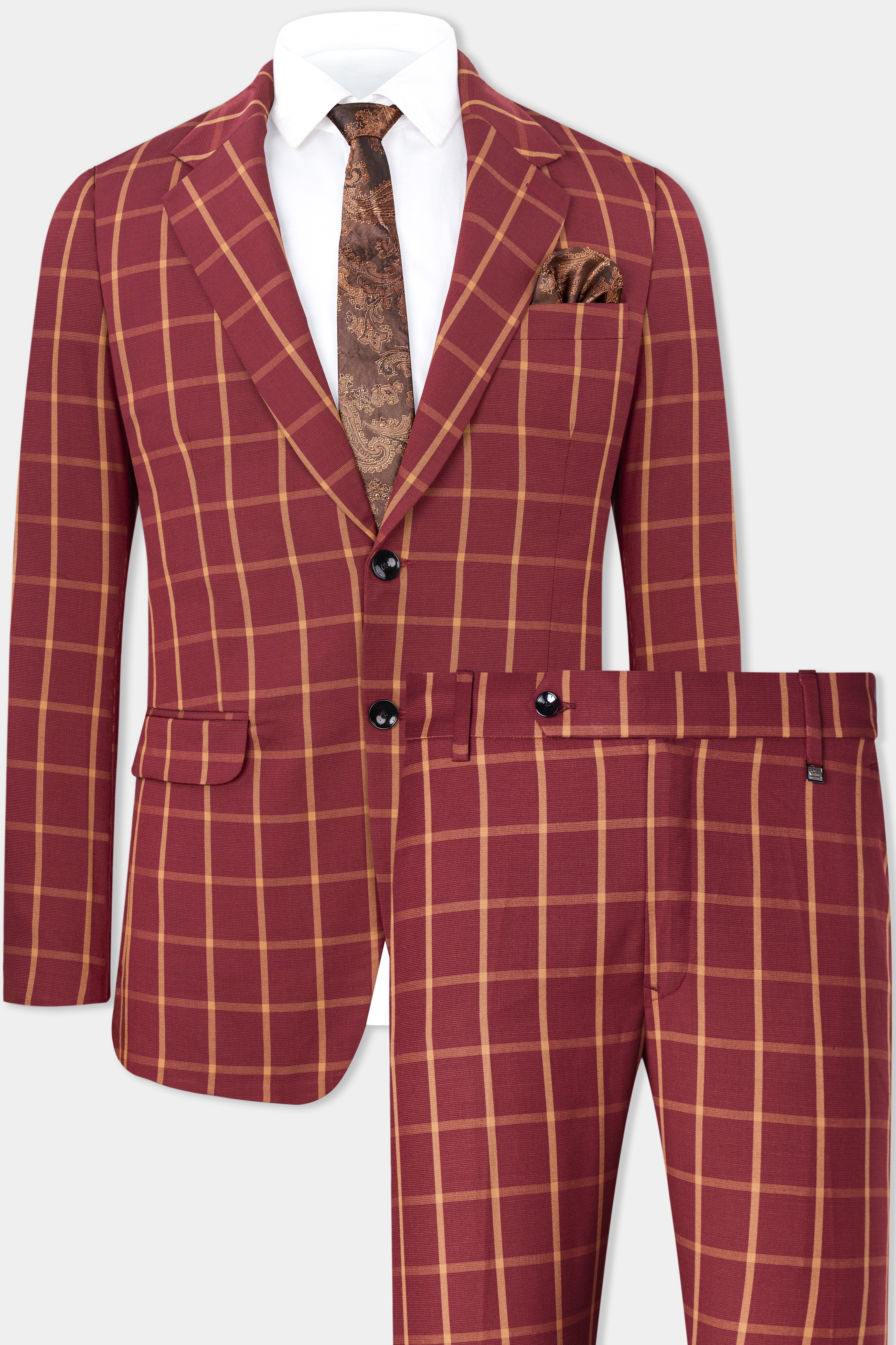 Wine and Chestnut Red Plaid Single Breasted Suit