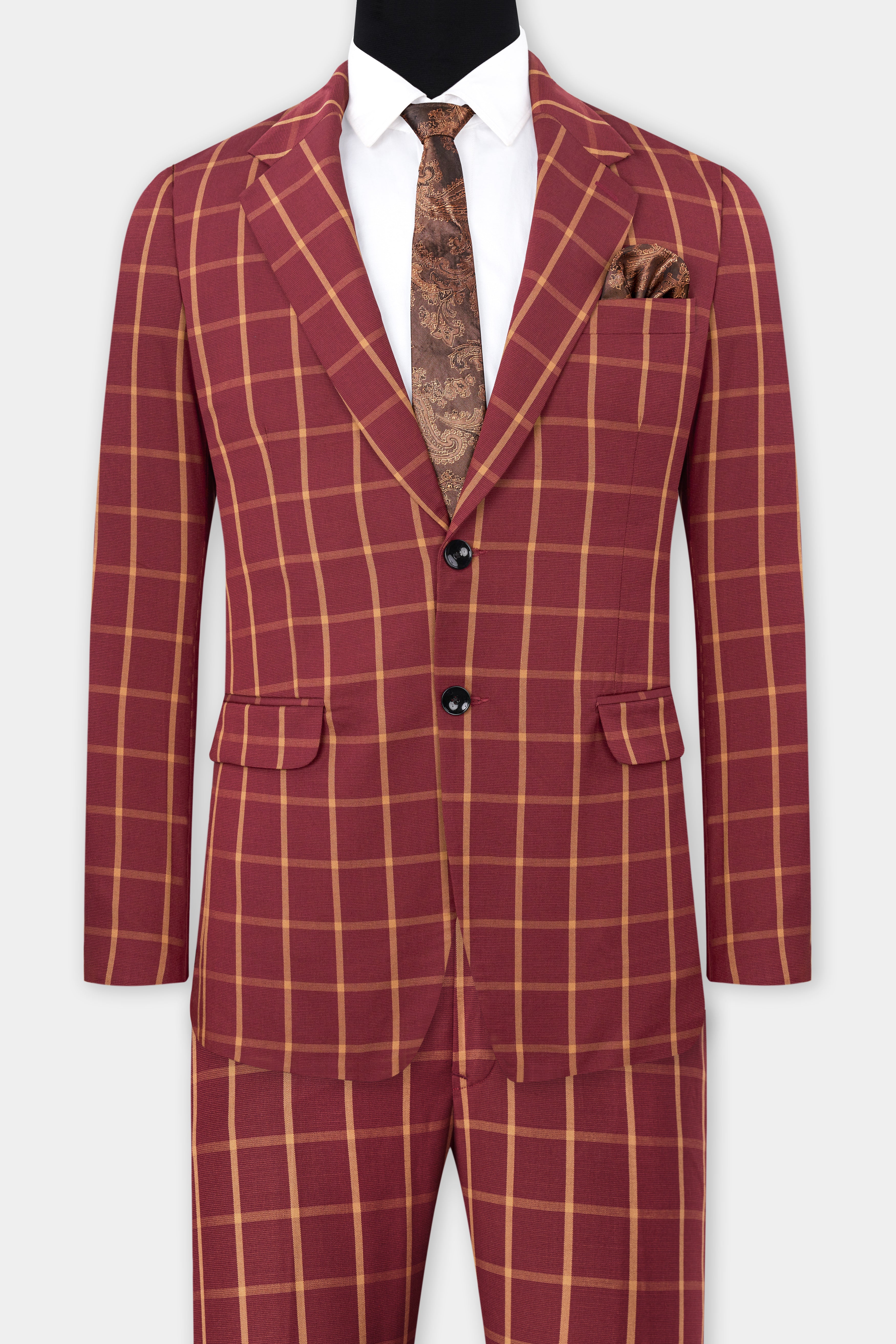 Wine and Chestnut Red Plaid Single Breasted Suit