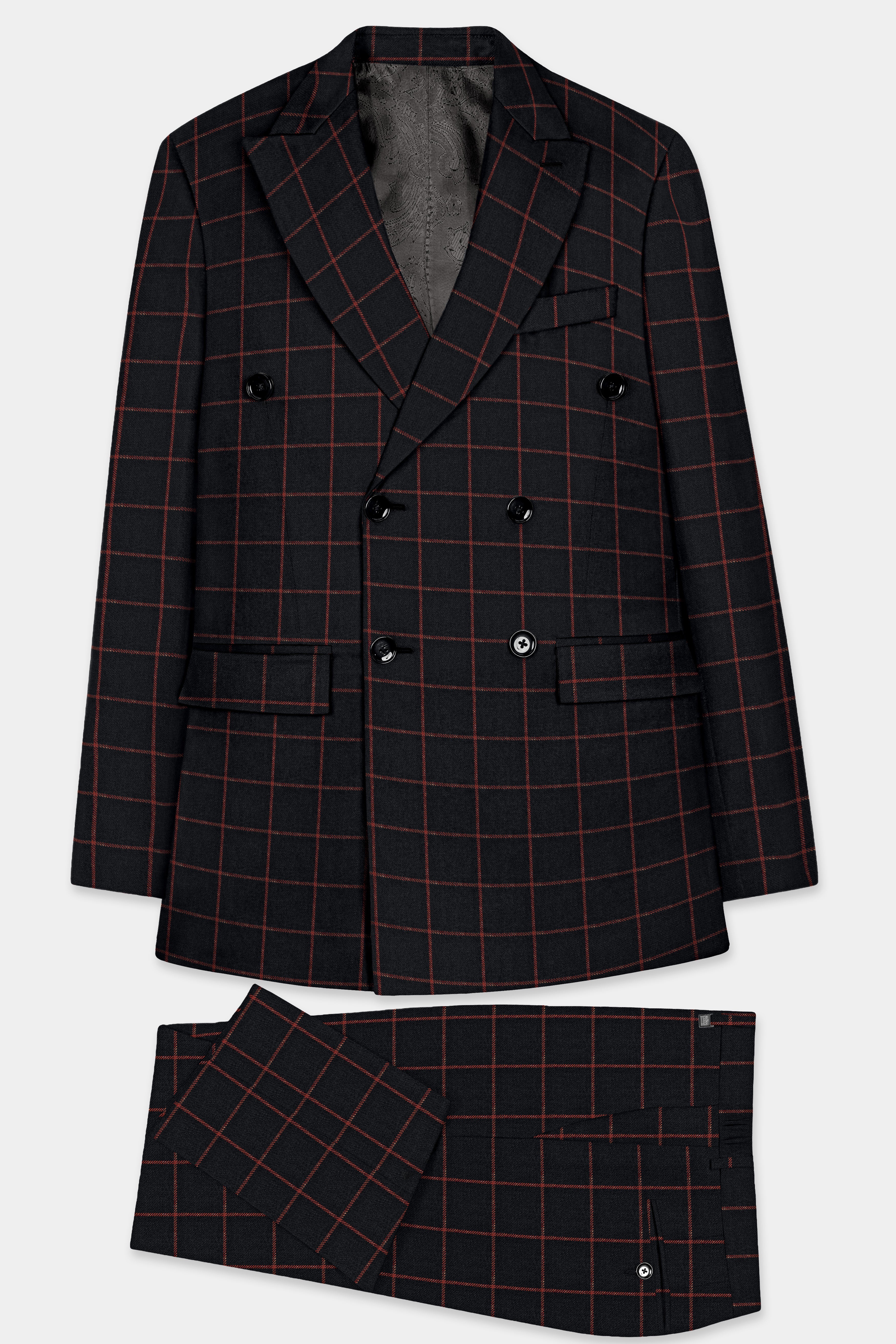 Moccaccino Black Windowpane Double Breasted Tweed Suit