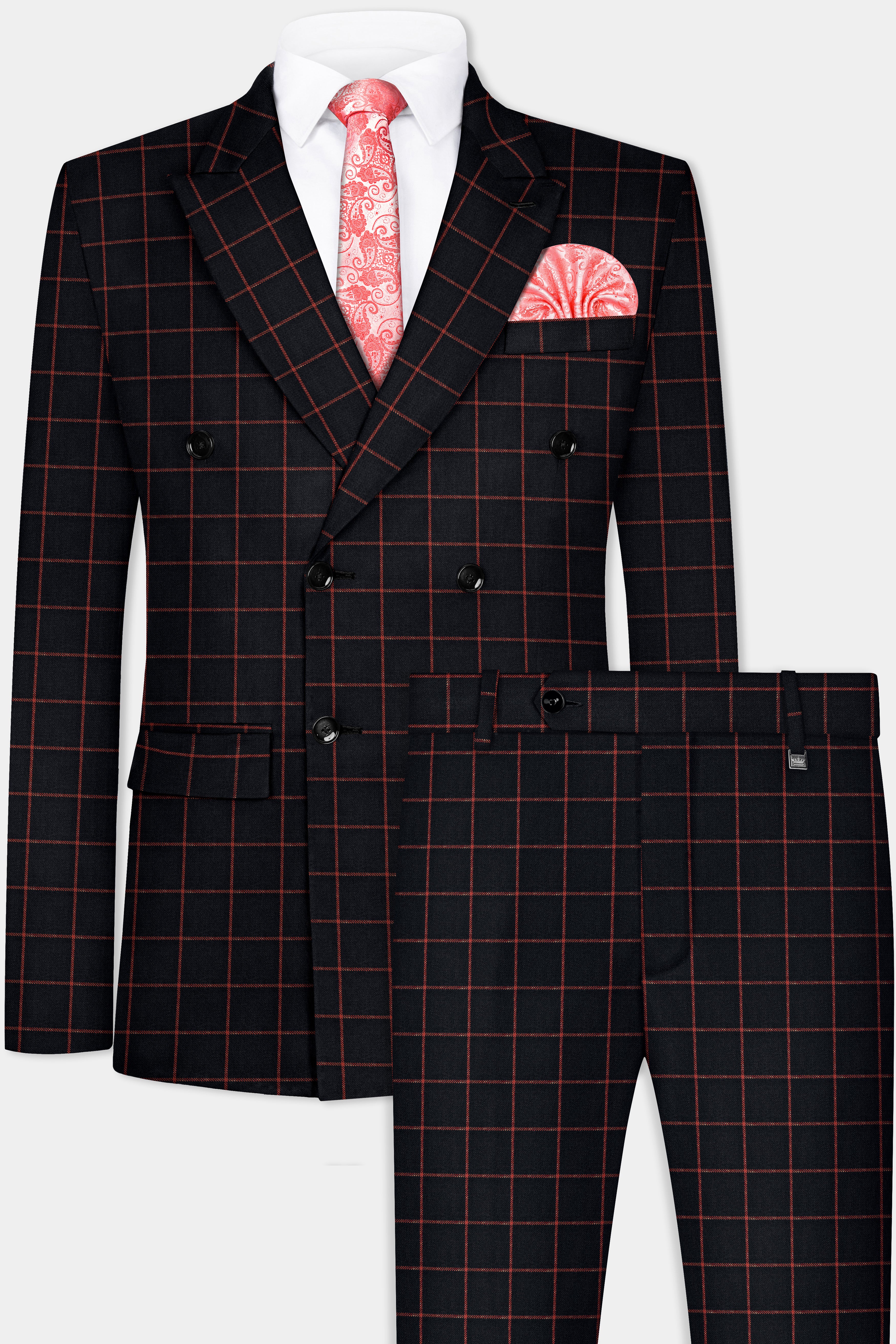 Moccaccino Black Windowpane Double Breasted Tweed Suit