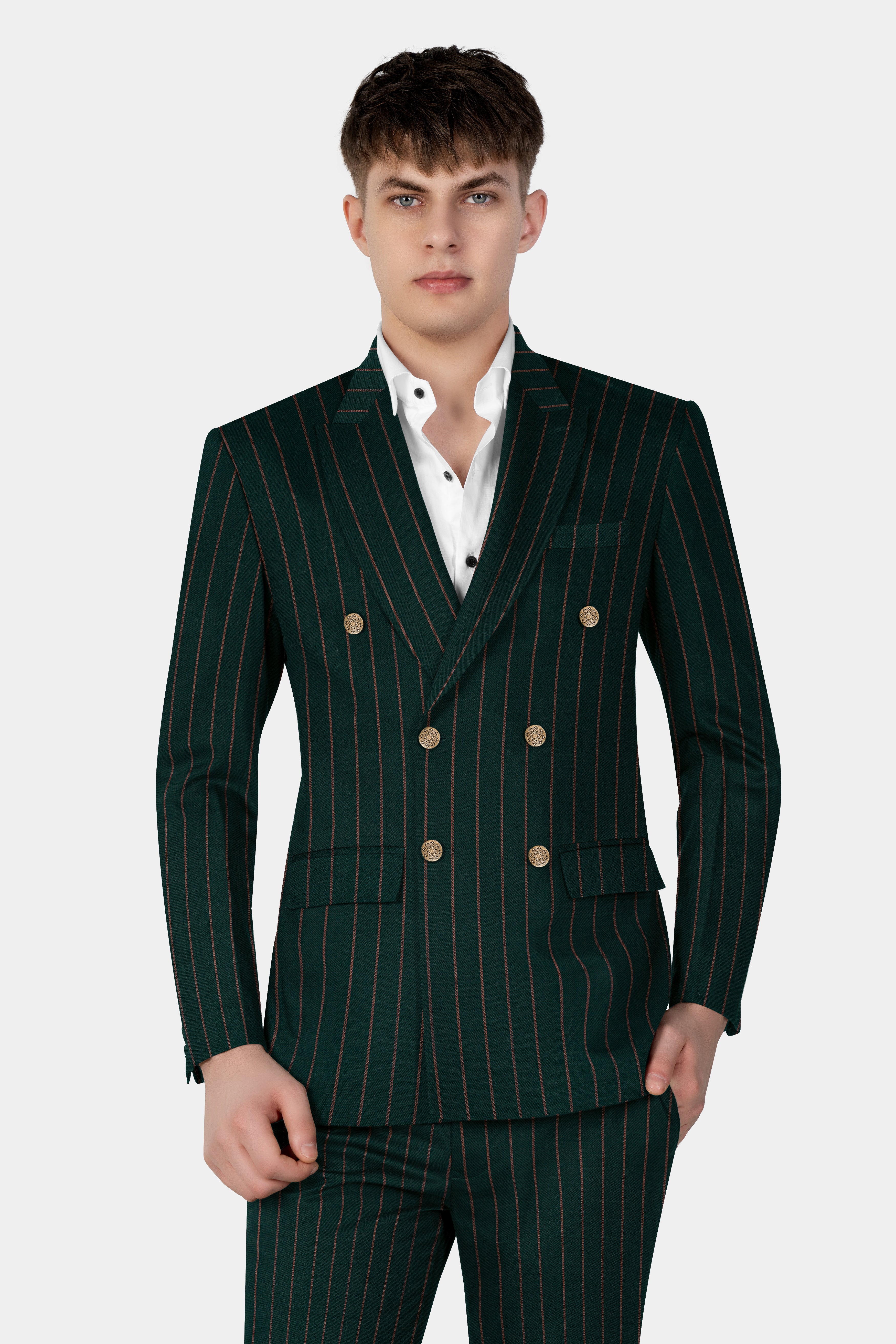 Swamp Green Striped Wool Blend Double Breasted Suit