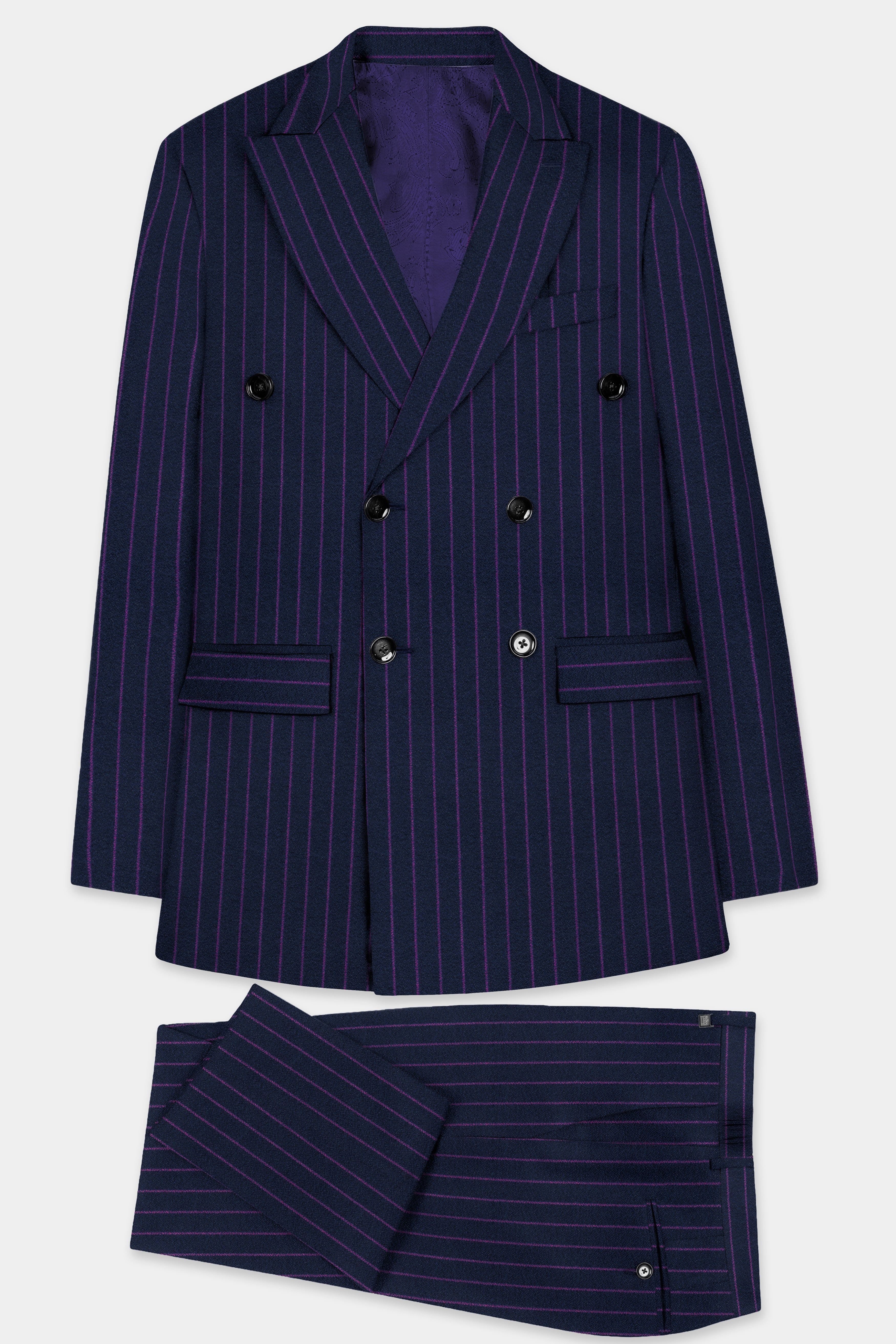 Steel Gray with Grape Purple Striped Wool Blend Double Breasted Suit