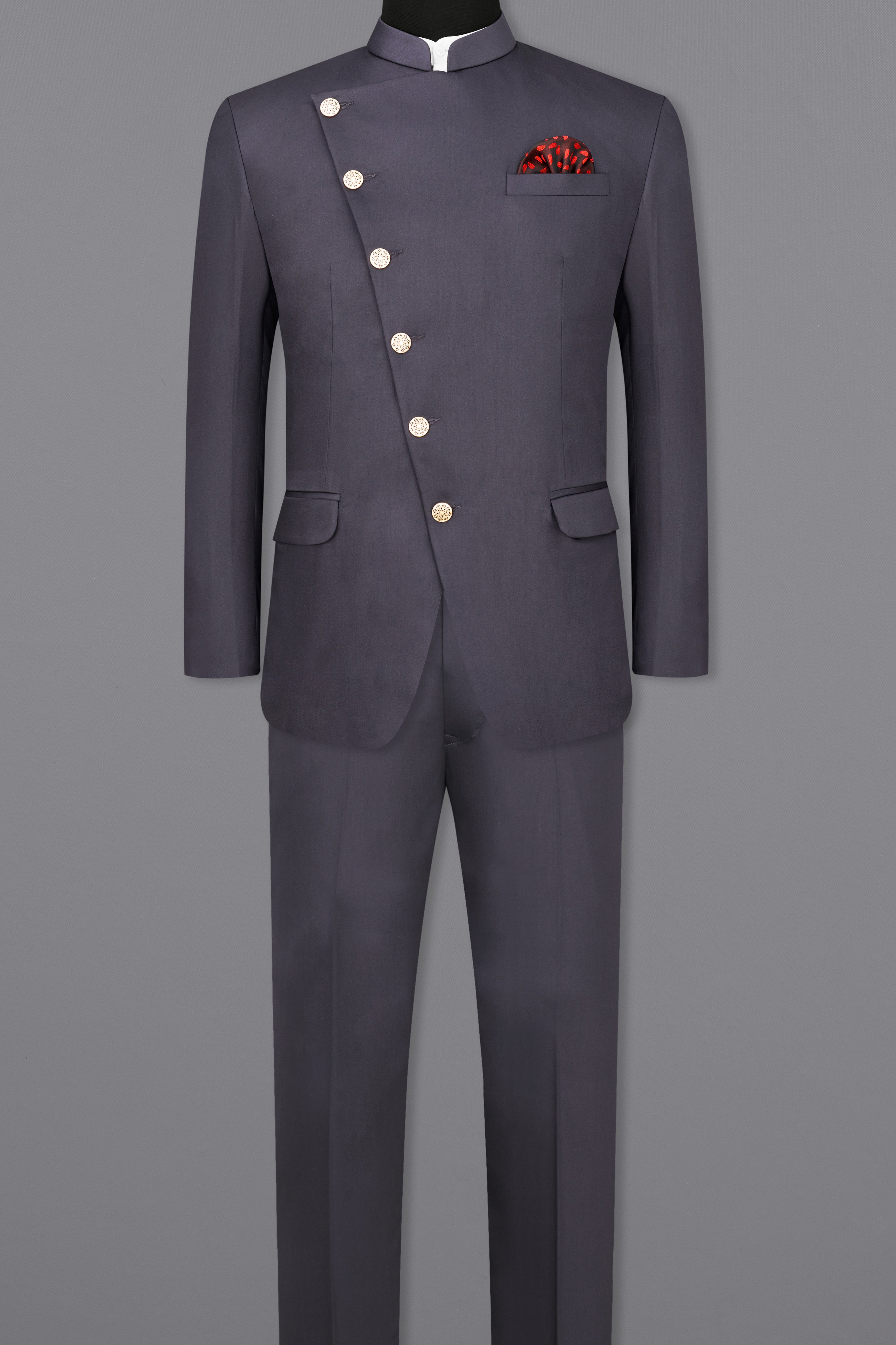 Mid Grey Subtle Sheen Cross Placket Wool Blend Bandhgala/Mandarin Suit