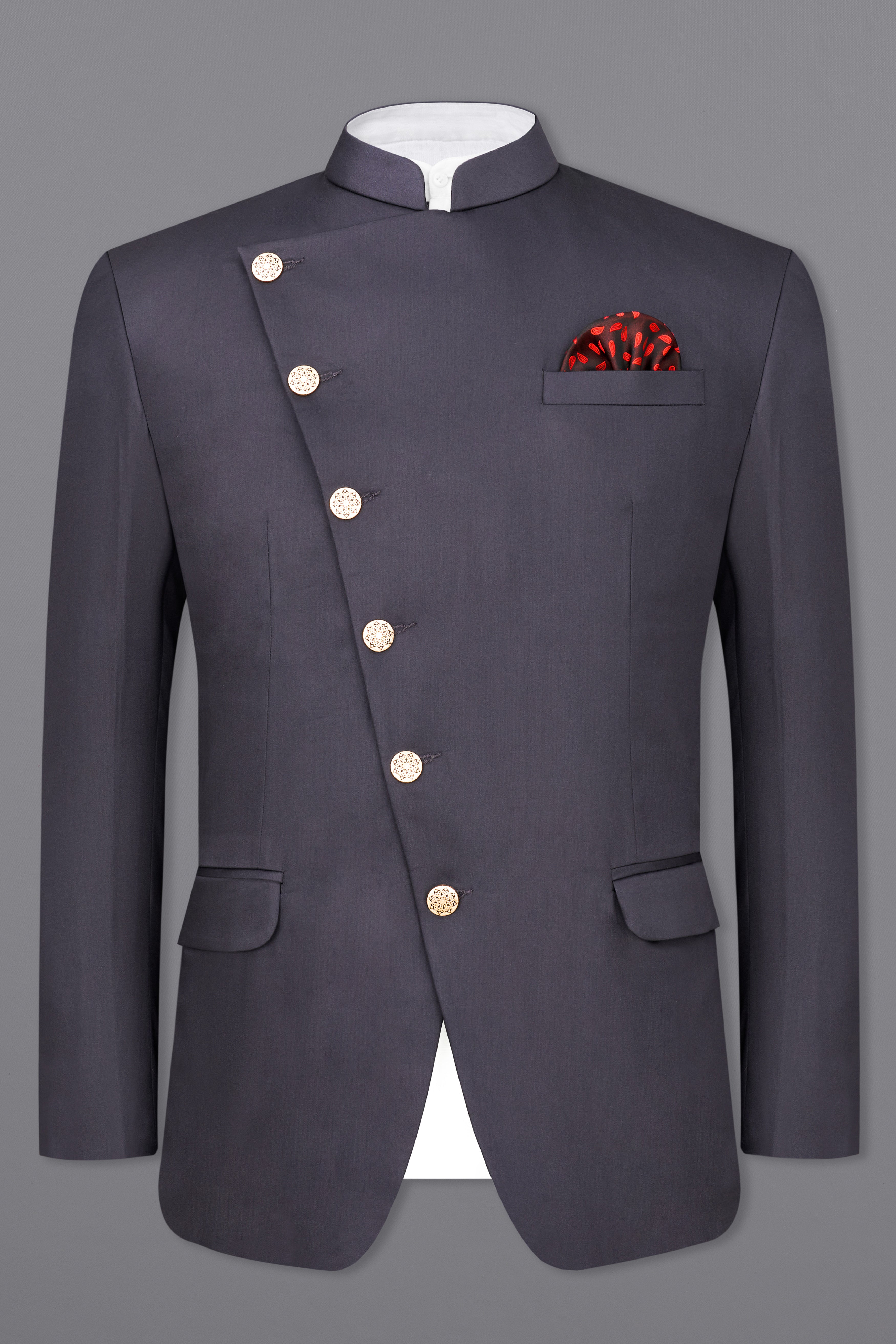 Mid Grey Subtle Sheen Cross Placket Wool Blend Bandhgala/Mandarin Suit