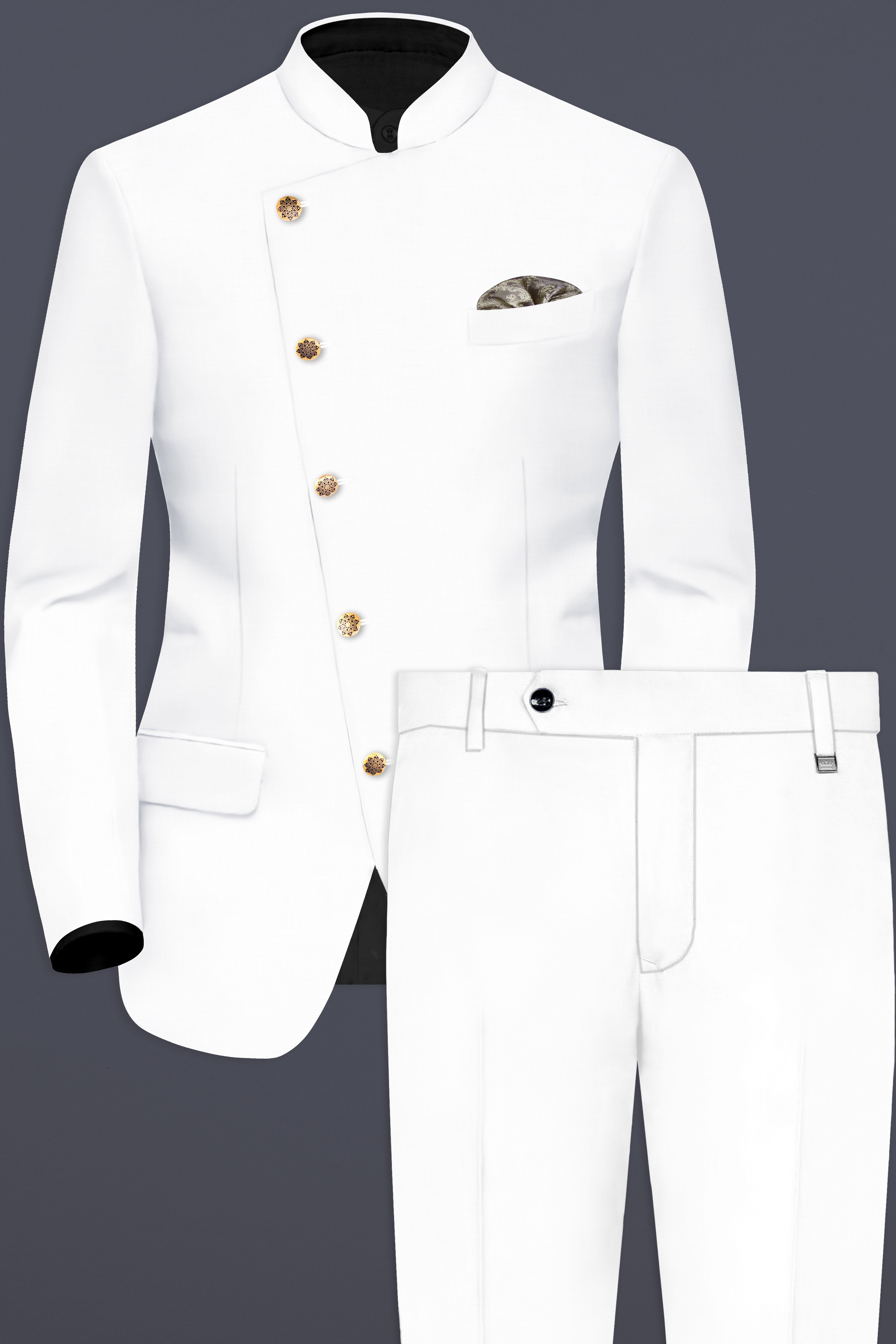 BRIGHT WHITE LUXURIOUS LINEN BANDHGALA/MANDARIN CROSS PLACKET PERFORMANCE SUIT