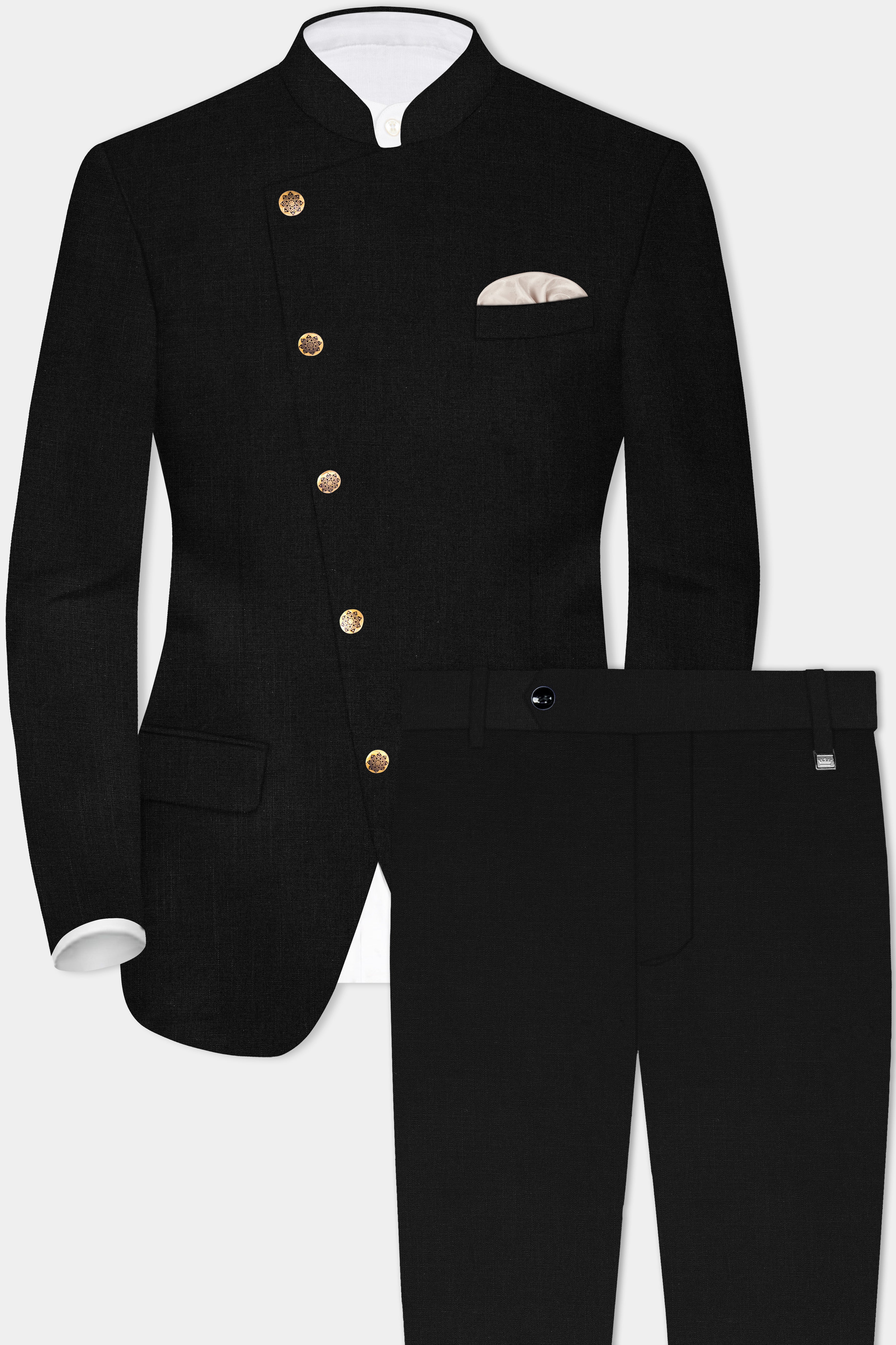 JADE BLACK LUXURIOUS LINEN CROSS PLACKET BANDHGALA/MANDARIN SUIT
