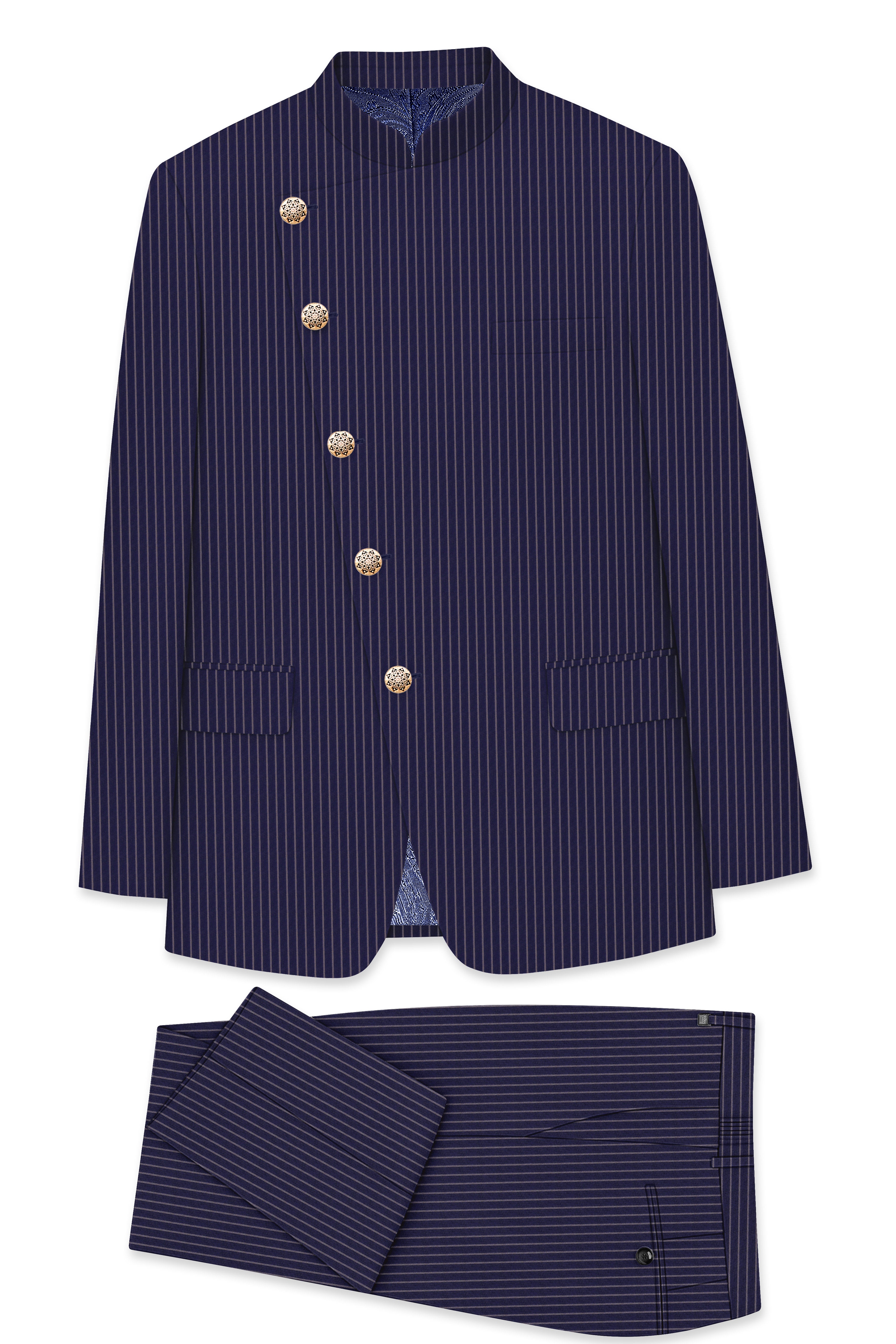Martinique Blue with Prelude Striped Bandhgala/Mandarin Corduroy Premium Cotton Suit