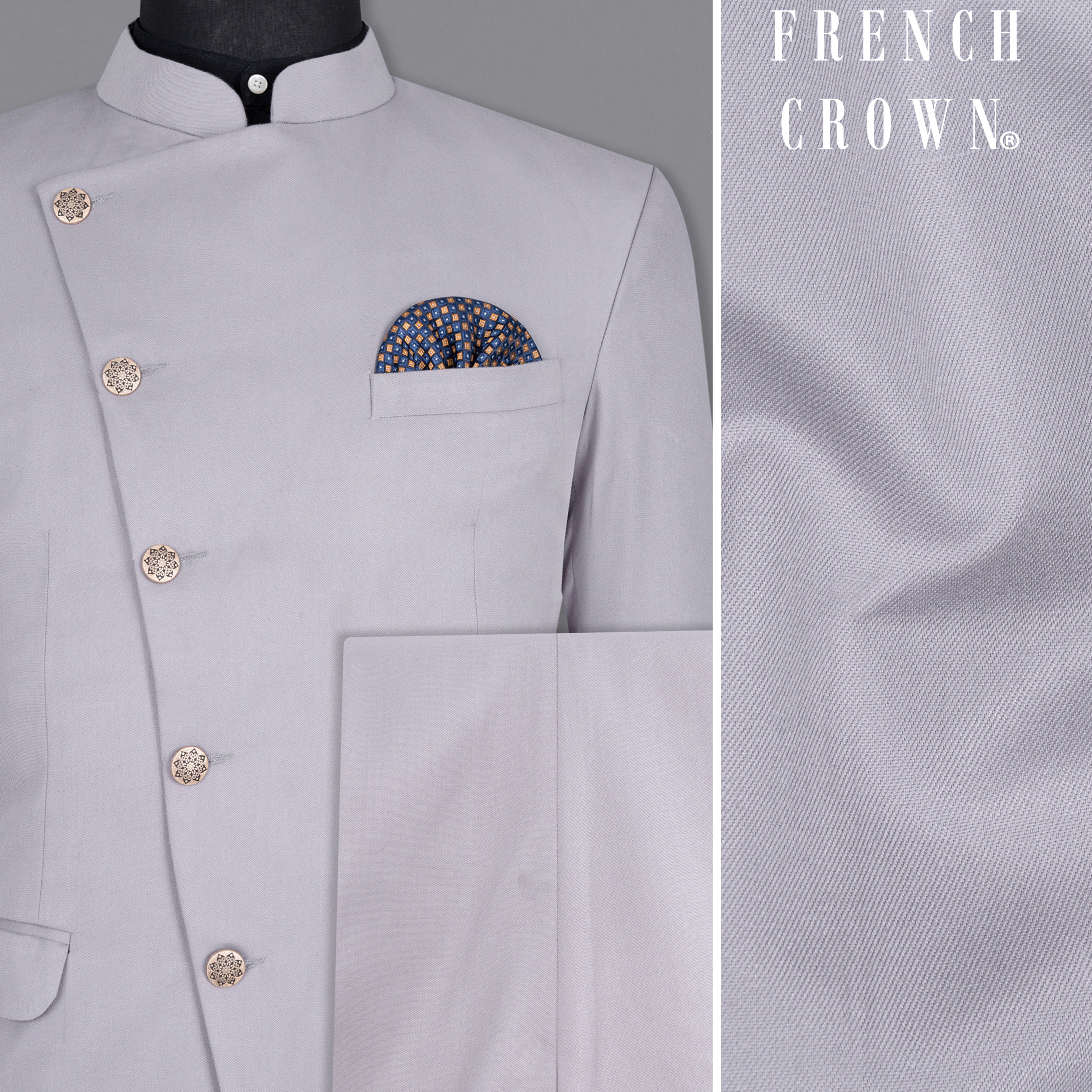 French Gray Cross Placket Bandhgala Wool rich Suit