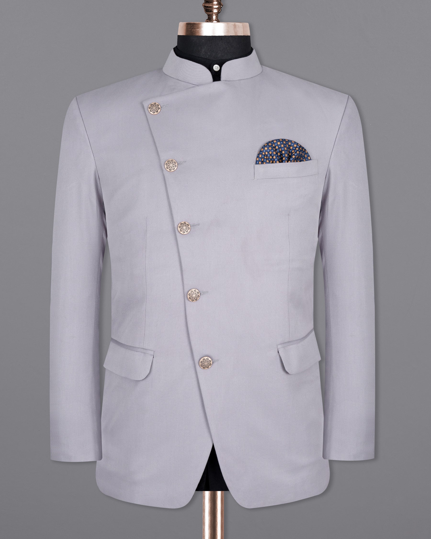 French Gray Cross Placket Bandhgala Wool rich Suit