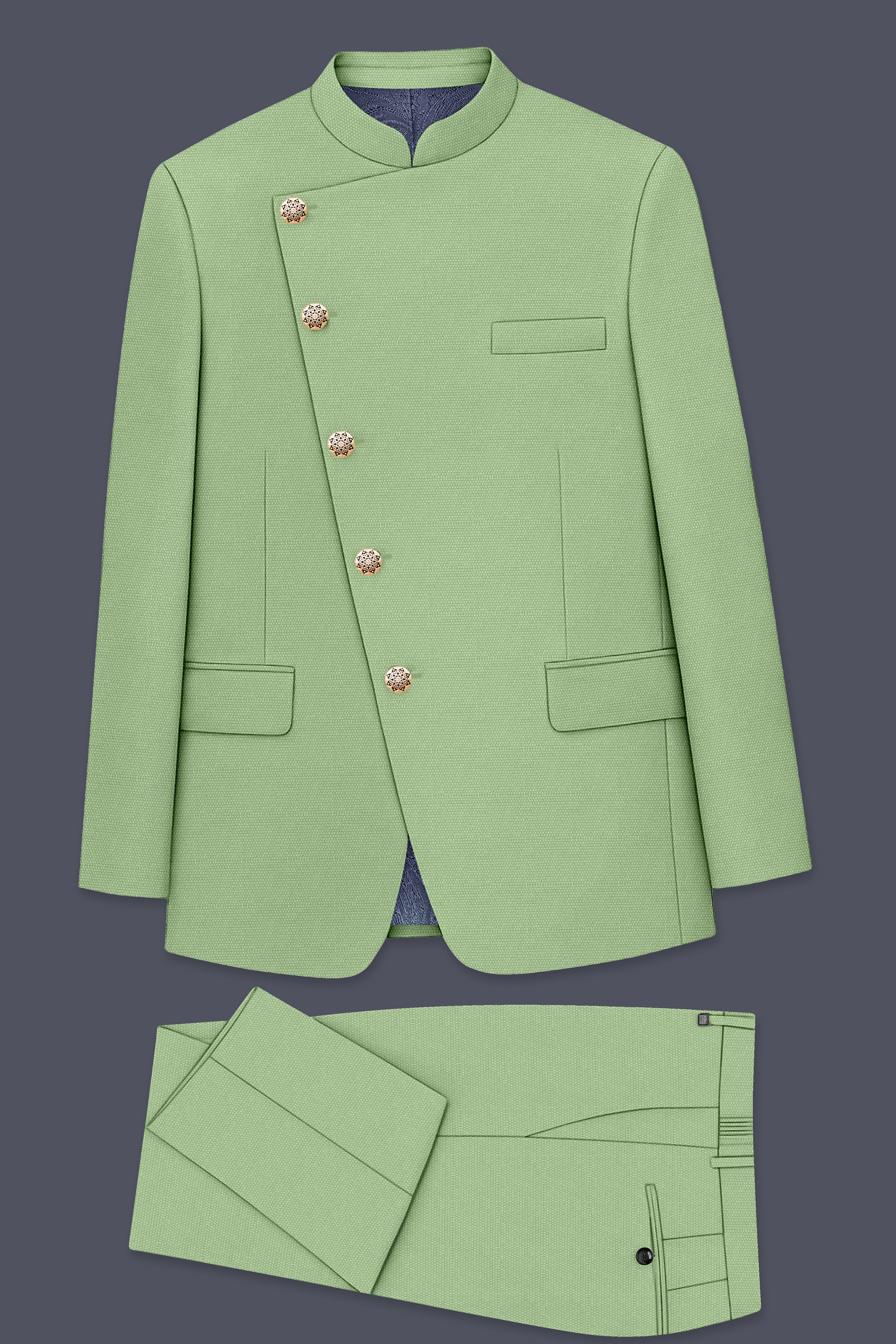 Camouflage Green Cross Placket Bandhgala Wool rich Suit