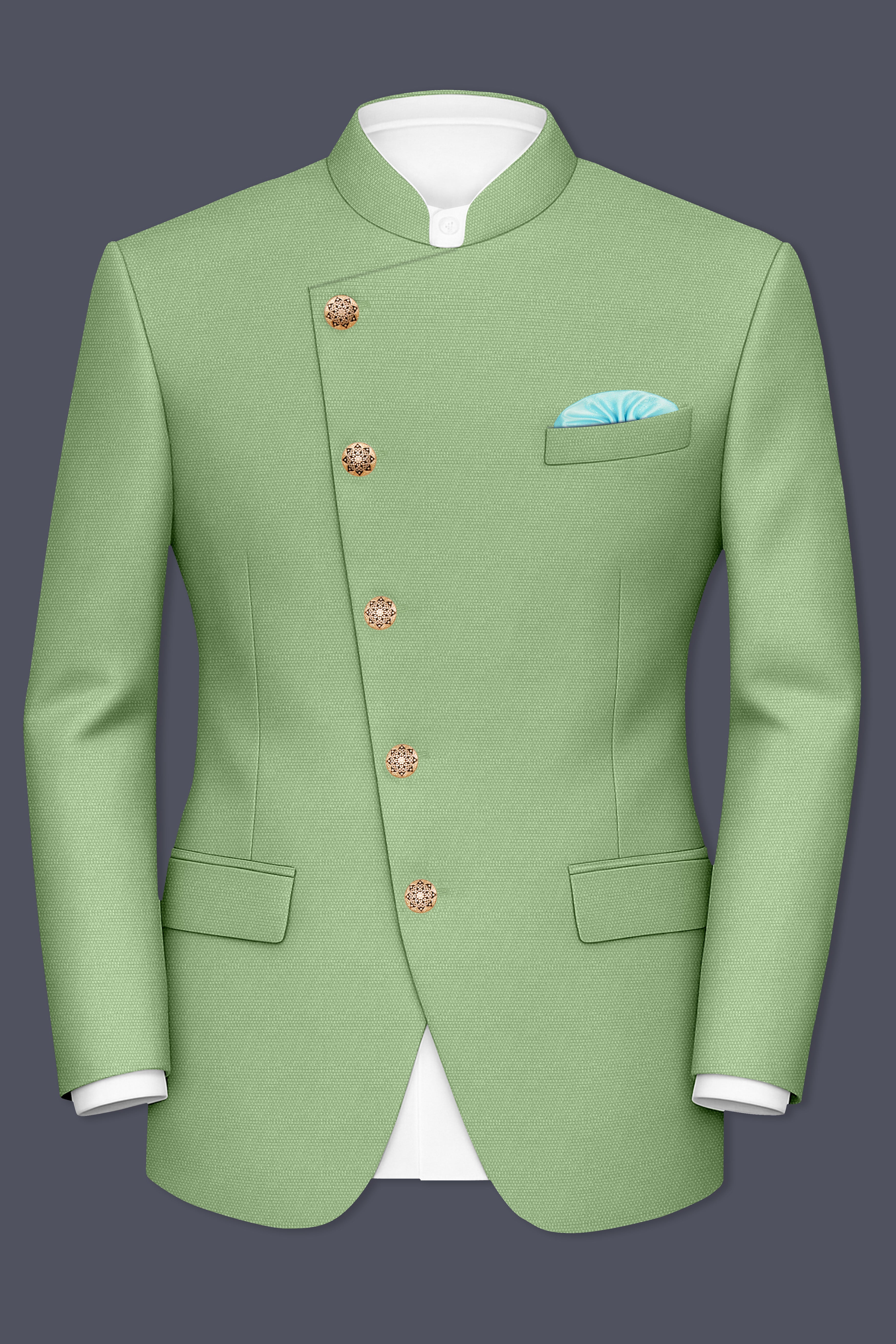 Camouflage Green Cross Placket Bandhgala Wool rich Suit