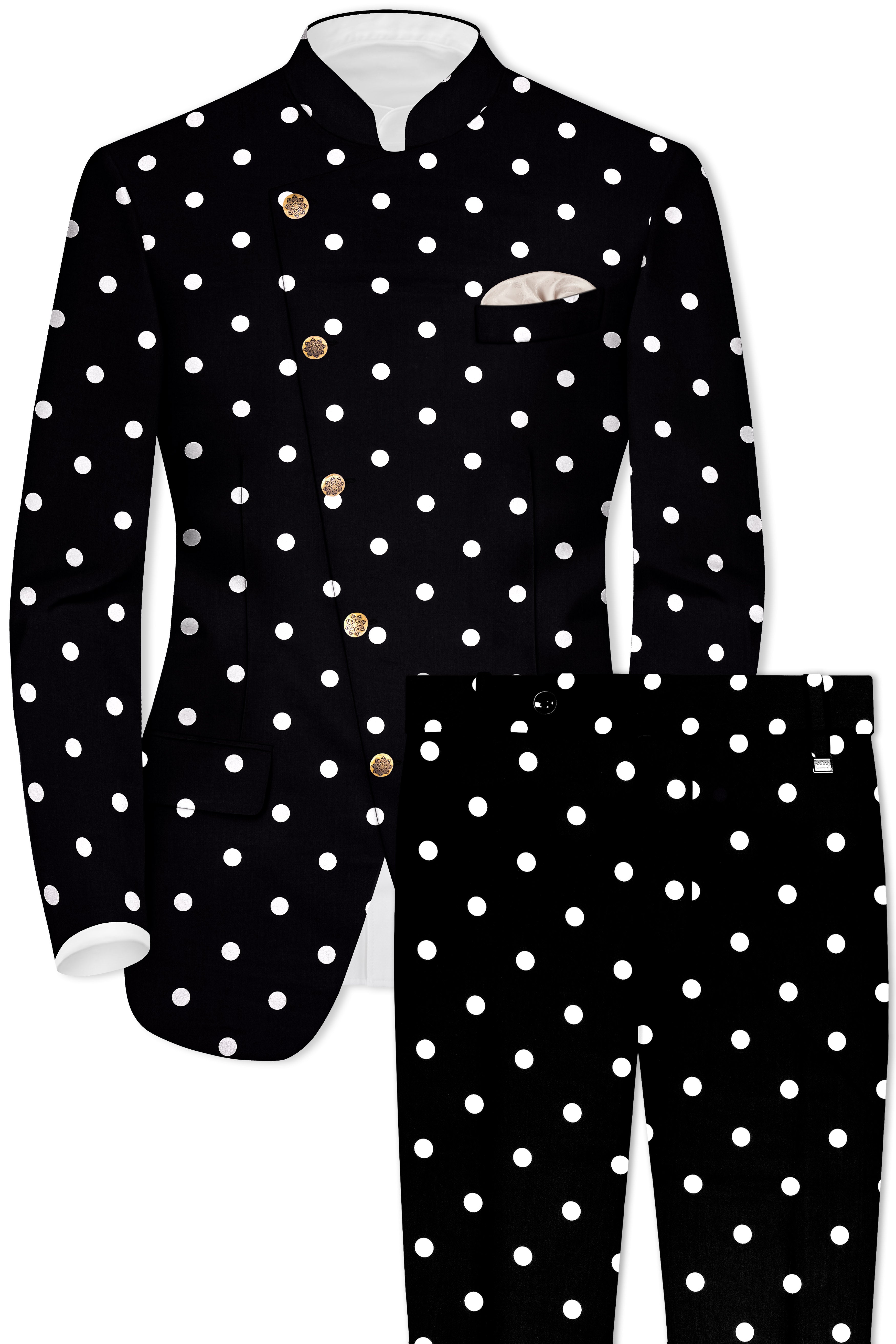 Jade Black Polka Printed Cross Placket Bandhgala/Mandarin Suit