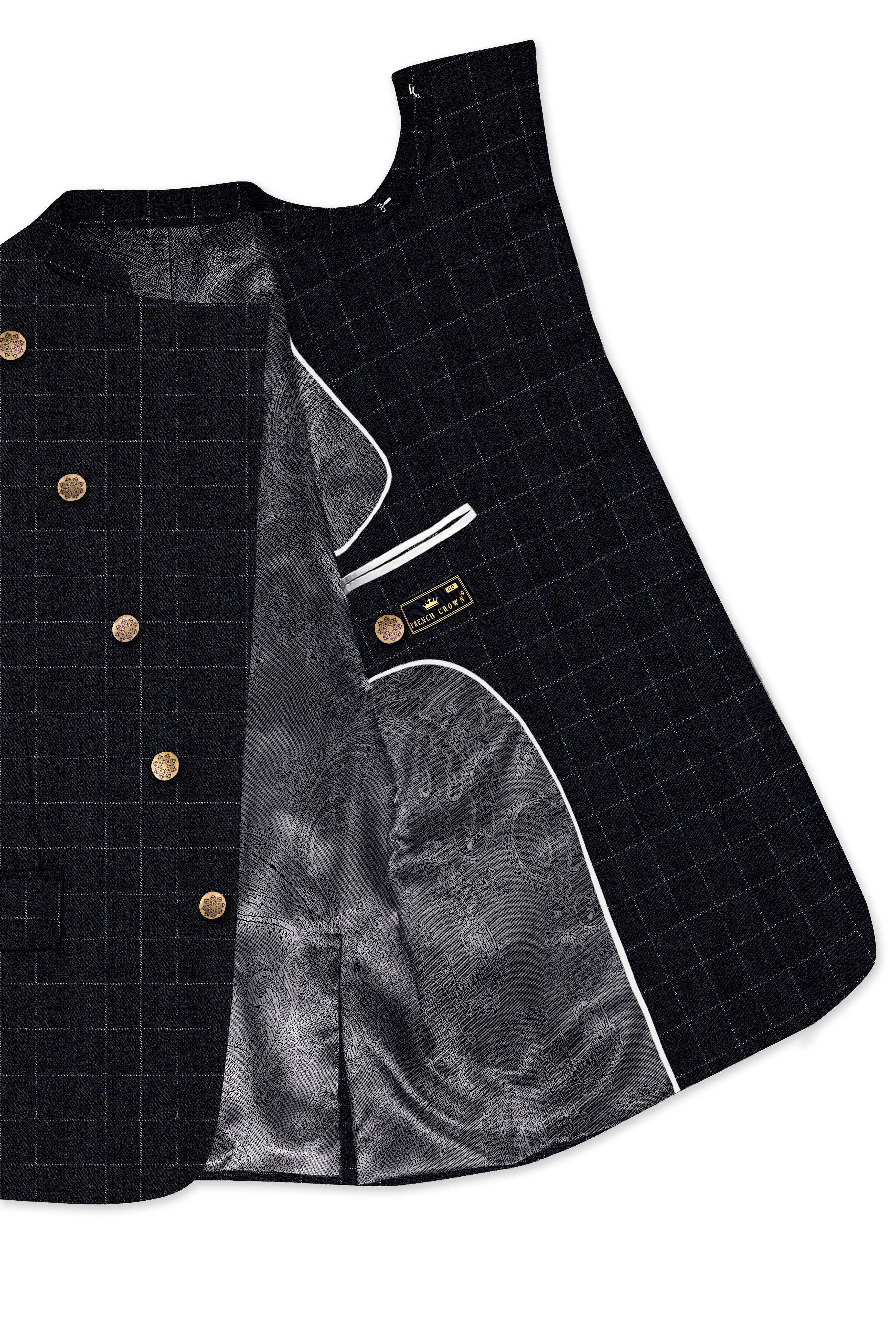 Log Cabin Black Super fine Windowpane Cross Placket Wool Rich Bandhgala Suit